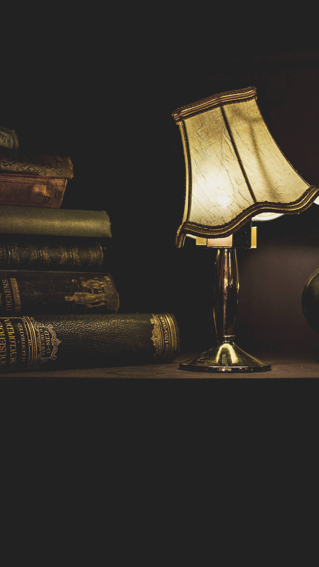 vintage brass lamp, parchment shade, old leather-bound books, Full HD Phone Wallpaper