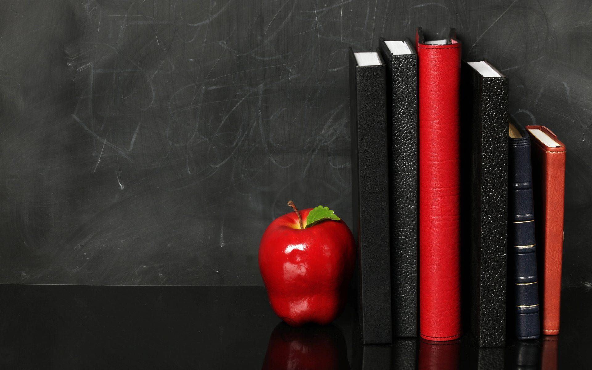blackboard, red apple, books, Full HD Desktop Wallpaper