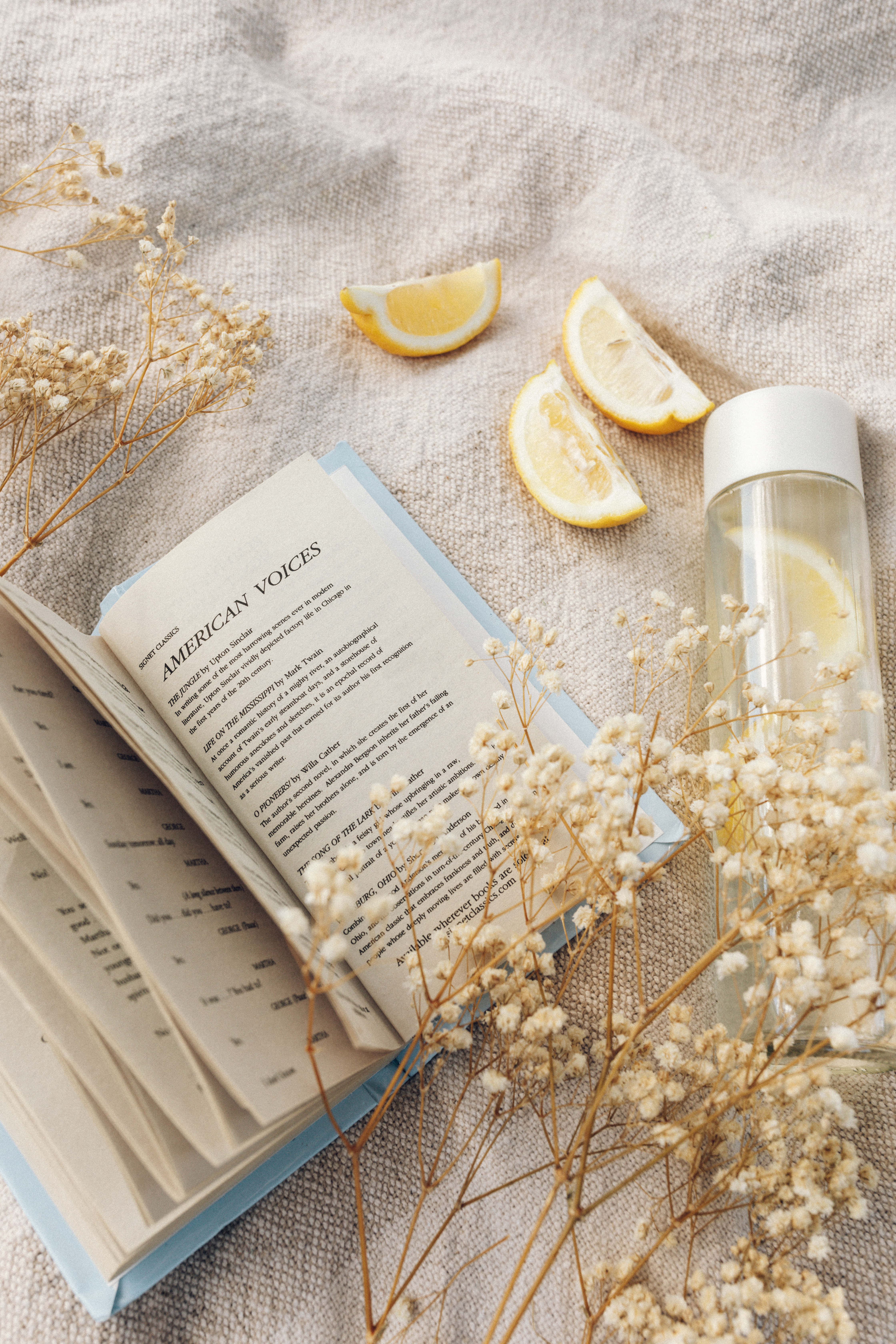 Bookworm Life Aesthetic, open book, lemon slices, 5K Phone Wallpaper