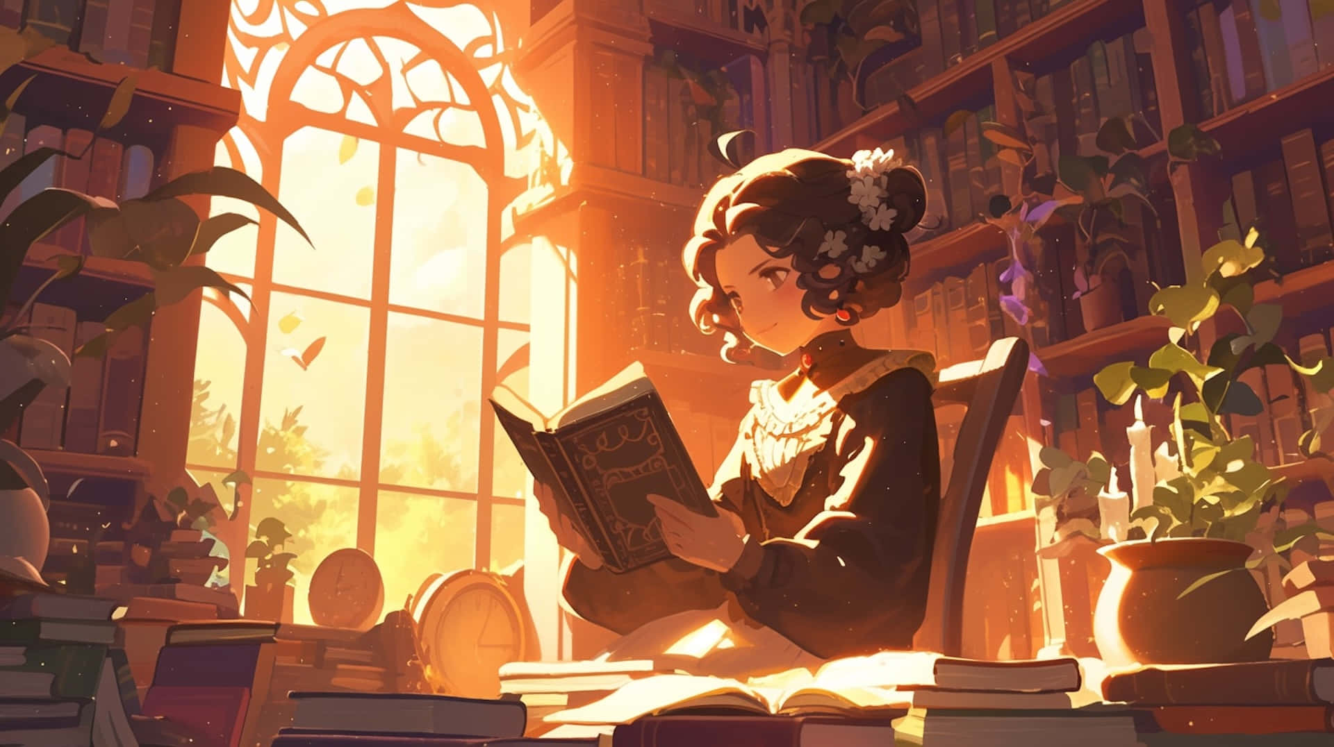 sunlit reading nook, young girl with floral hair, sunlit library, Full HD Desktop Wallpaper