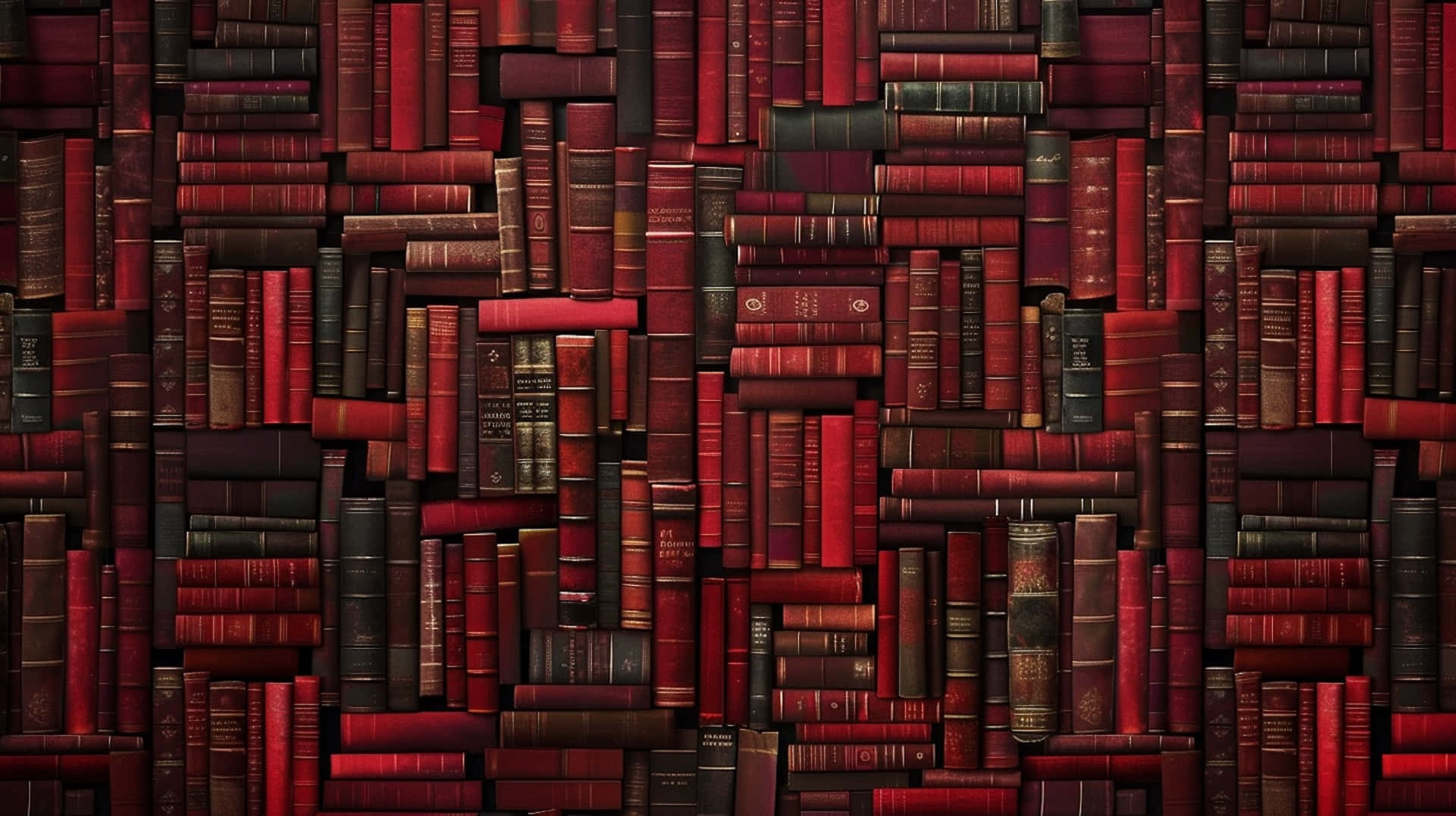 Wallof Books Texture, vintage red leather-bound books, chaotic rows, Full HD Desktop Wallpaper