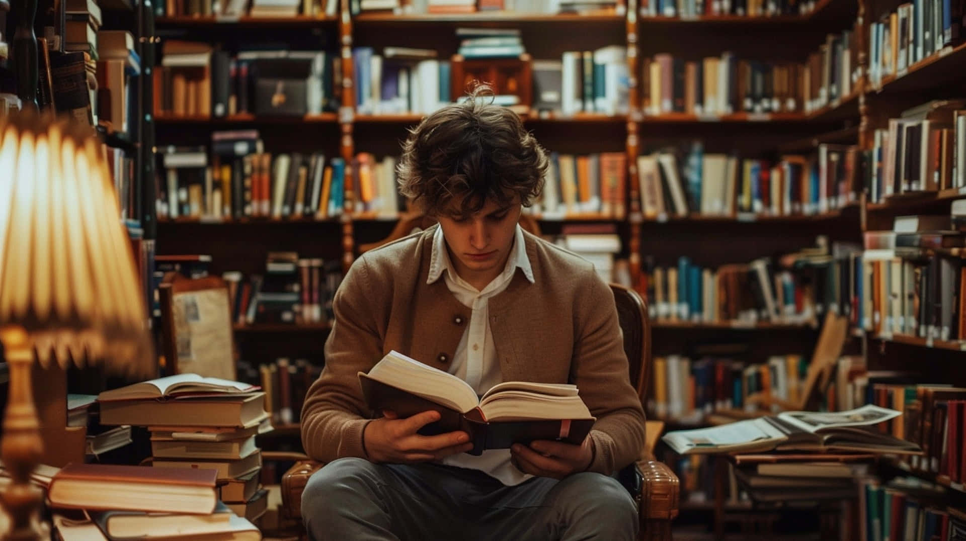 young man, cozy library, towering bookshelves, Full HD Desktop Wallpaper