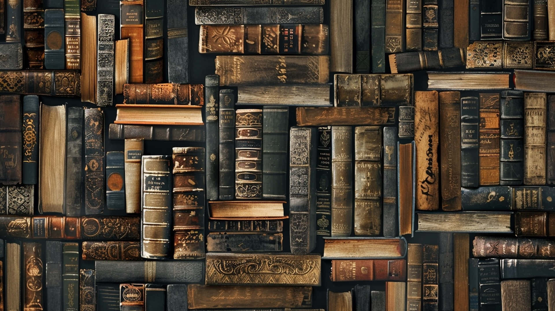 antique leather-bound books, ornate gold embossing, faded spines, Full HD Desktop Wallpaper