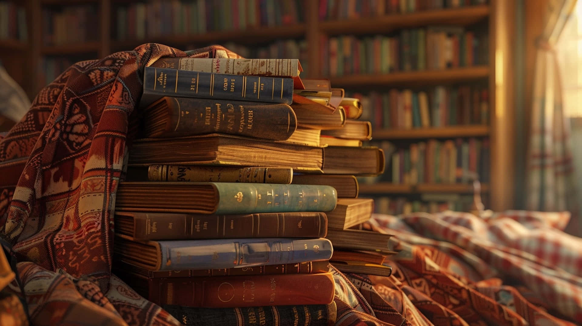 cozy reading nook, vintage books, patterned textiles, Full HD Desktop Wallpaper