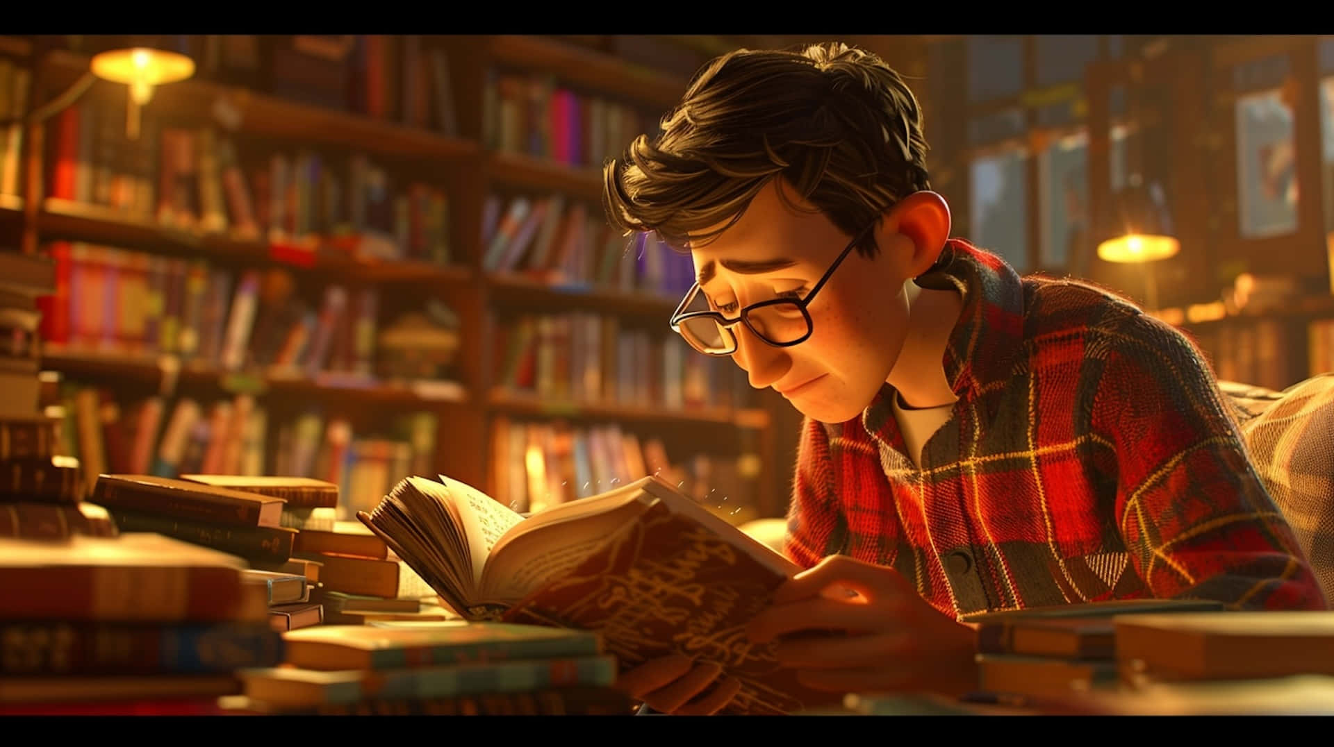 young boy, glasses, book, Full HD Desktop Wallpaper