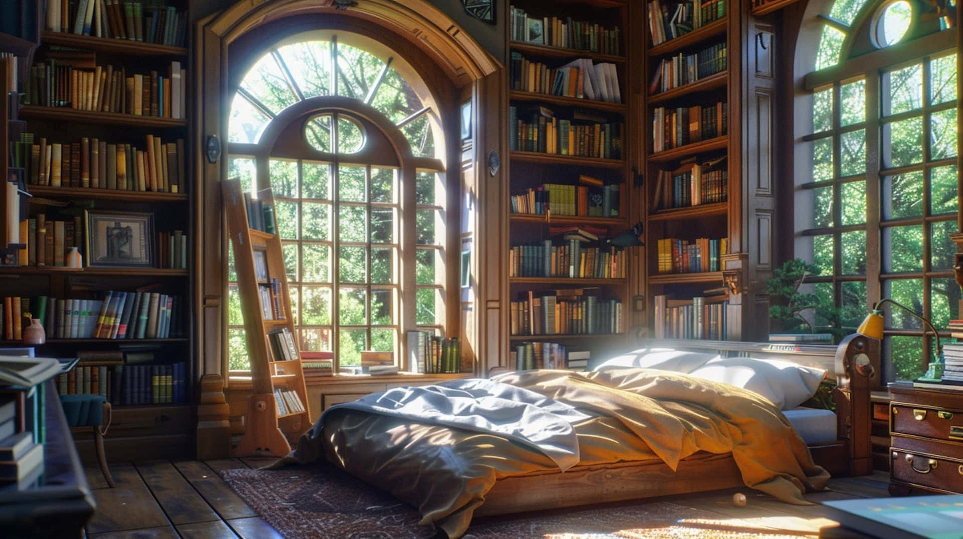 cozy home library, sunlight, arched windows, Full HD Desktop Wallpaper