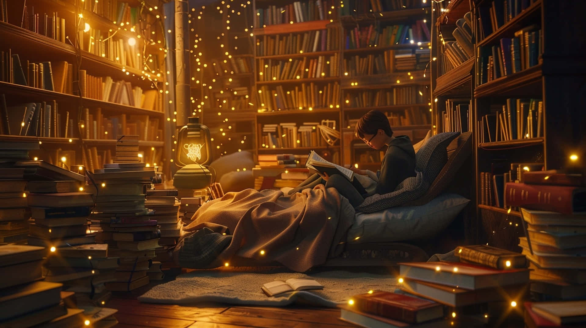 cozy reading nook, night, library, Full HD Desktop Wallpaper