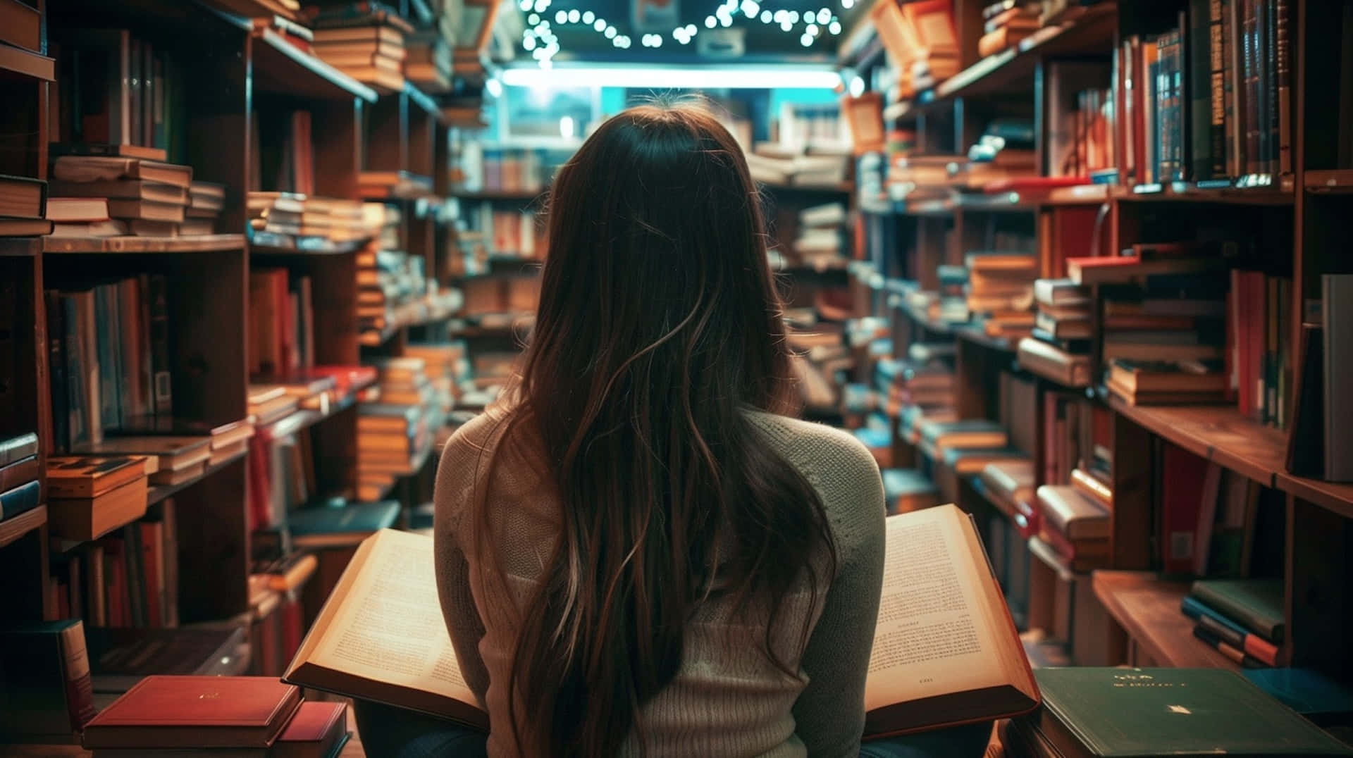 enchanted library, cozy library aisle, towering bookshelves, Full HD Desktop Wallpaper