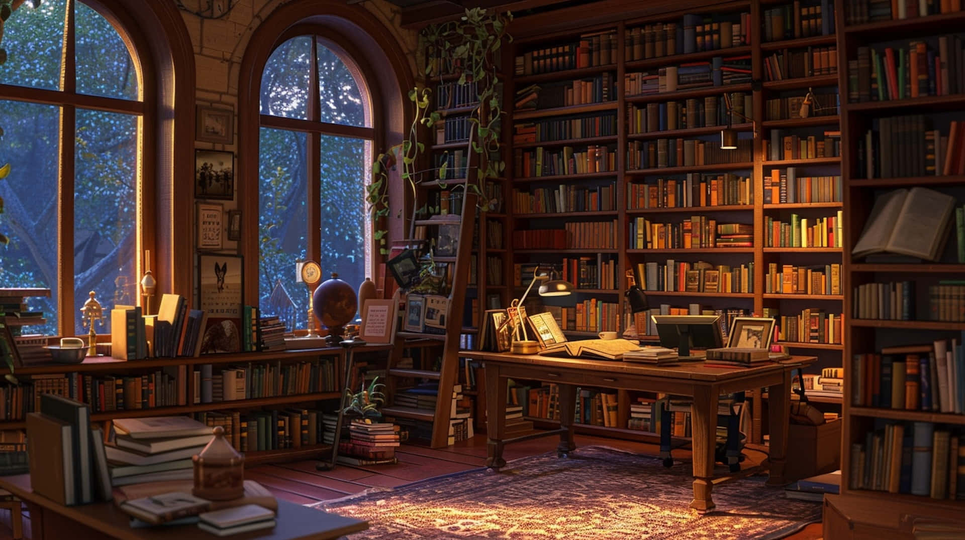 wooden study, warm lamplight, towering bookshelves, Full HD Desktop Wallpaper