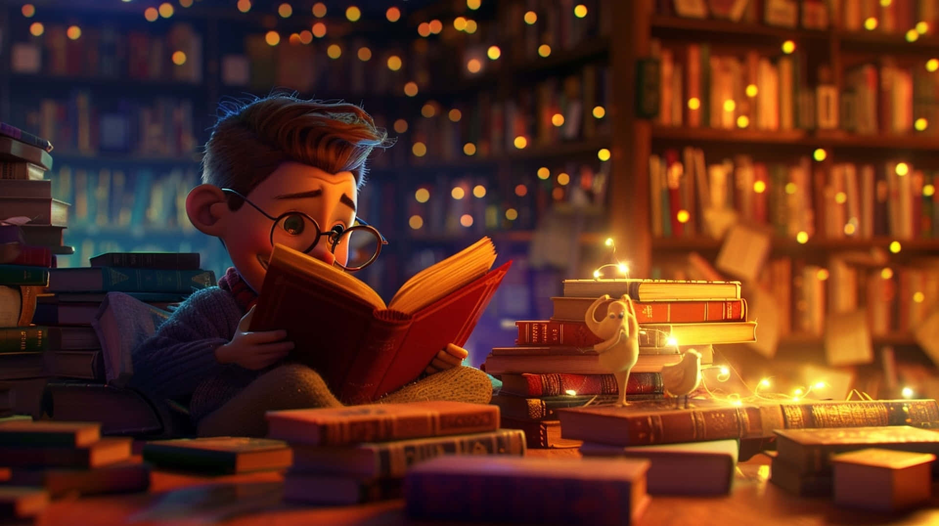 Enchanted Evening Reading, red book, stacks of books, Full HD Desktop Wallpaper