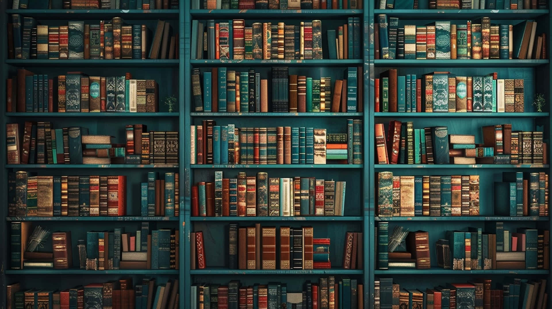vintage books, rich reds golds and browns, deep teal shelves, Full HD Desktop Wallpaper