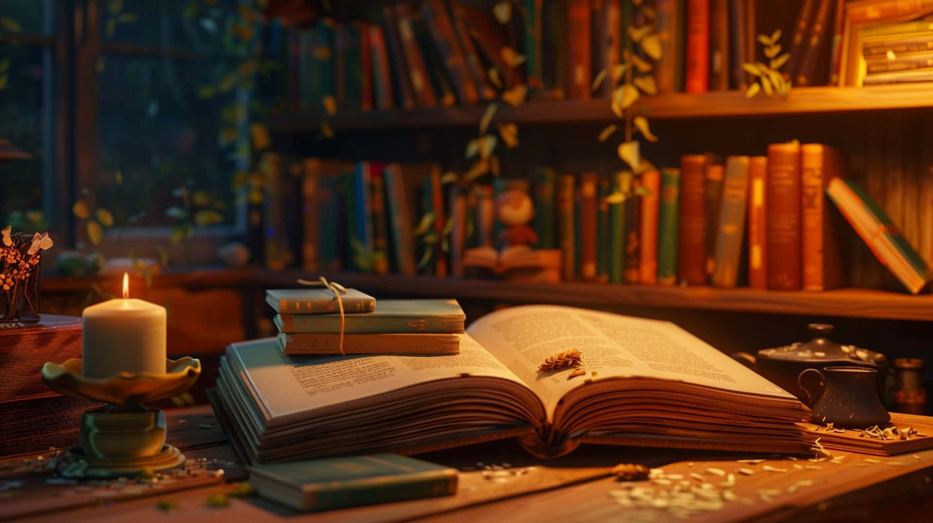 enchanted study nook, wooden desk, open book, Full HD Desktop Wallpaper