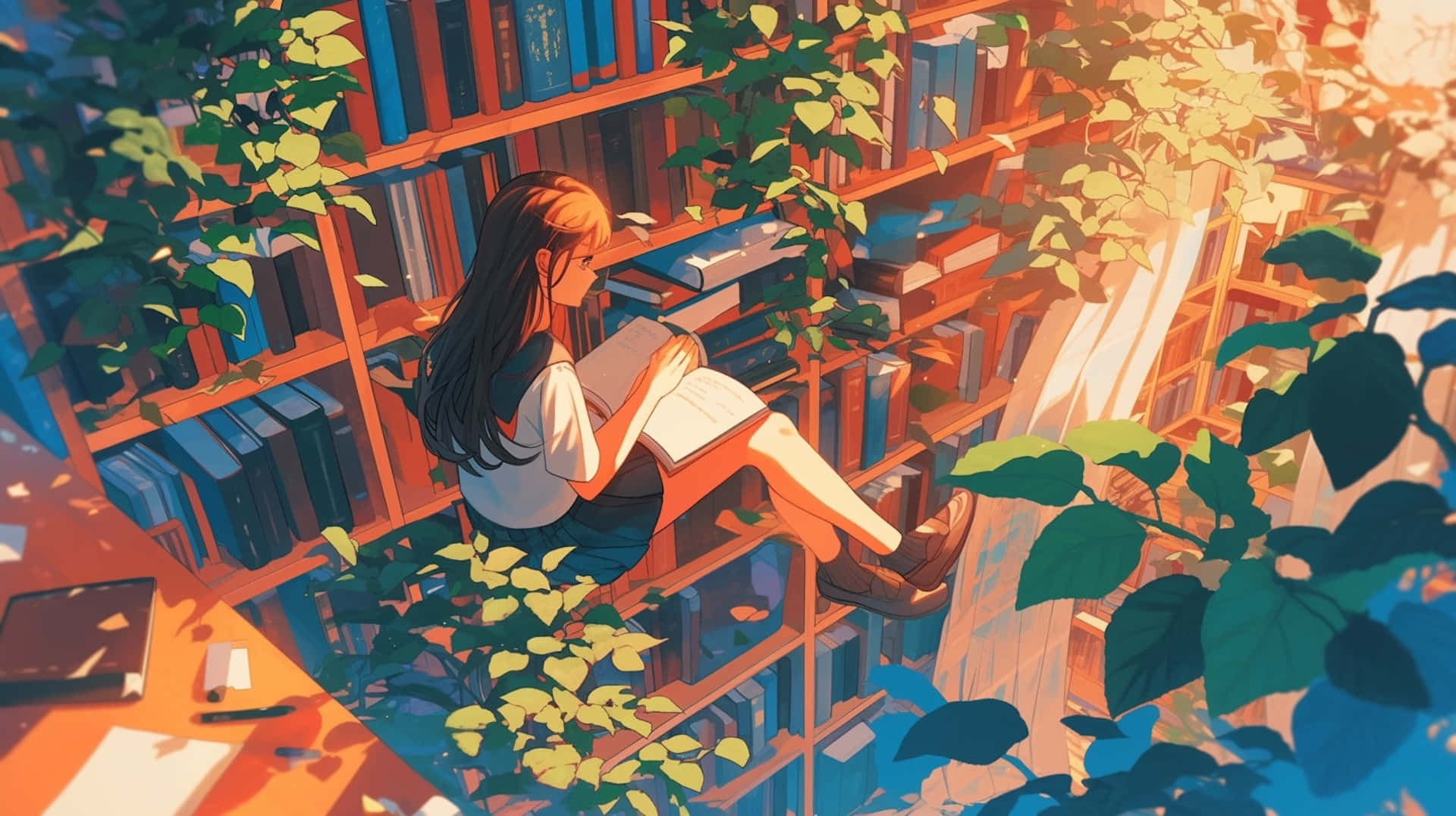 enchanted reading nook, girl with long hair, bookshelf, Full HD Desktop Wallpaper
