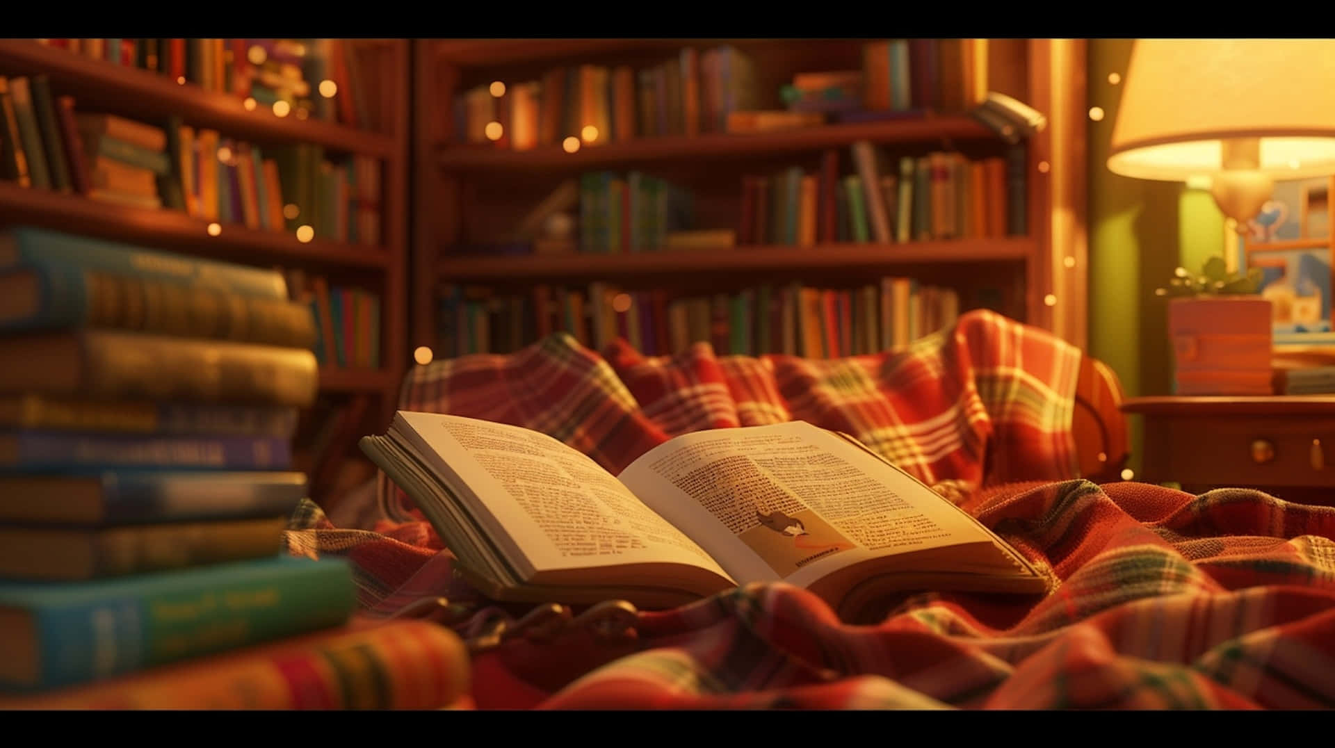 cozy plaid blanket, warmly lit library, bookshelves, Full HD Desktop Wallpaper