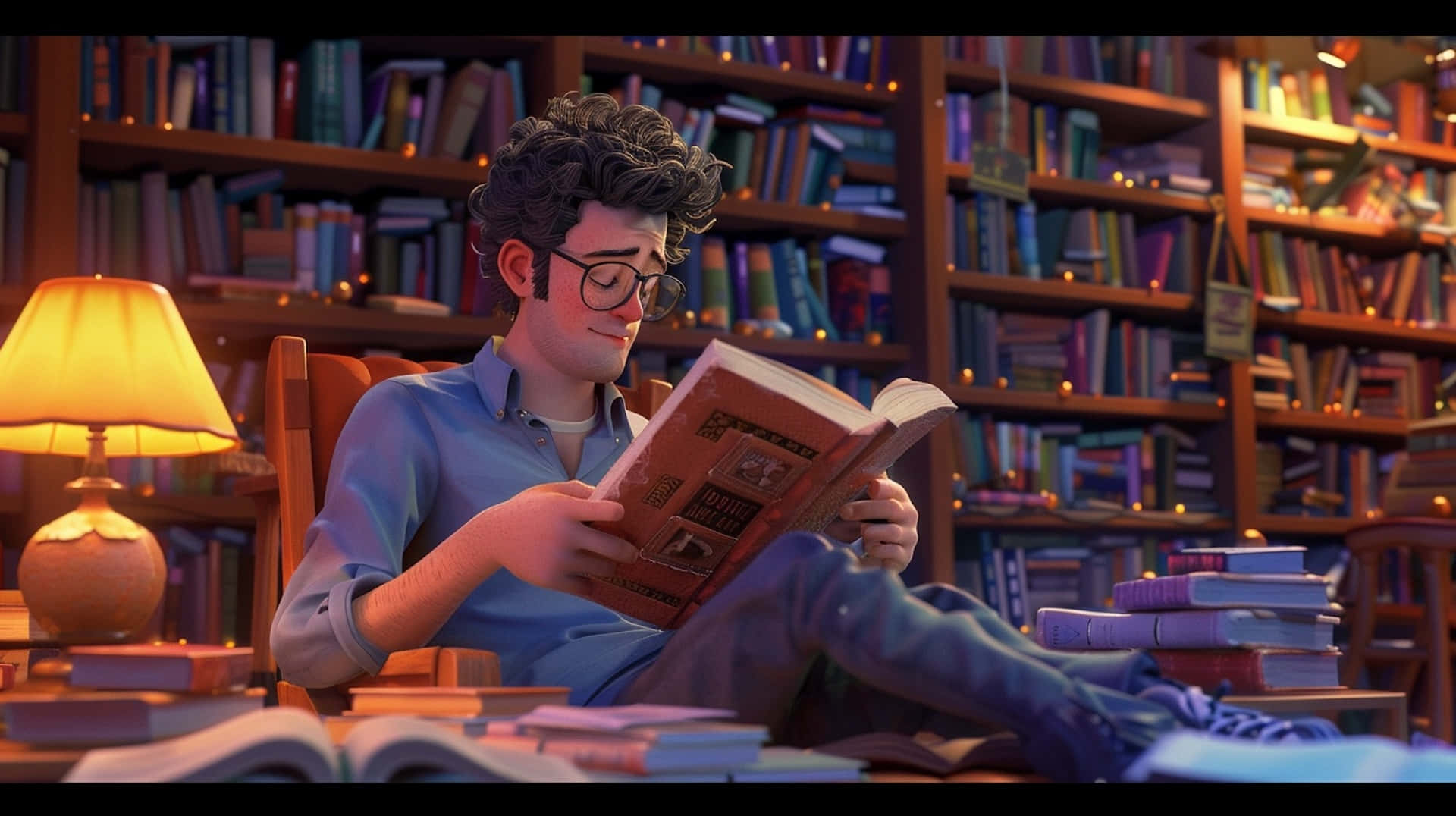 cozy library, warm lamp, bookshelves, Full HD Desktop Wallpaper