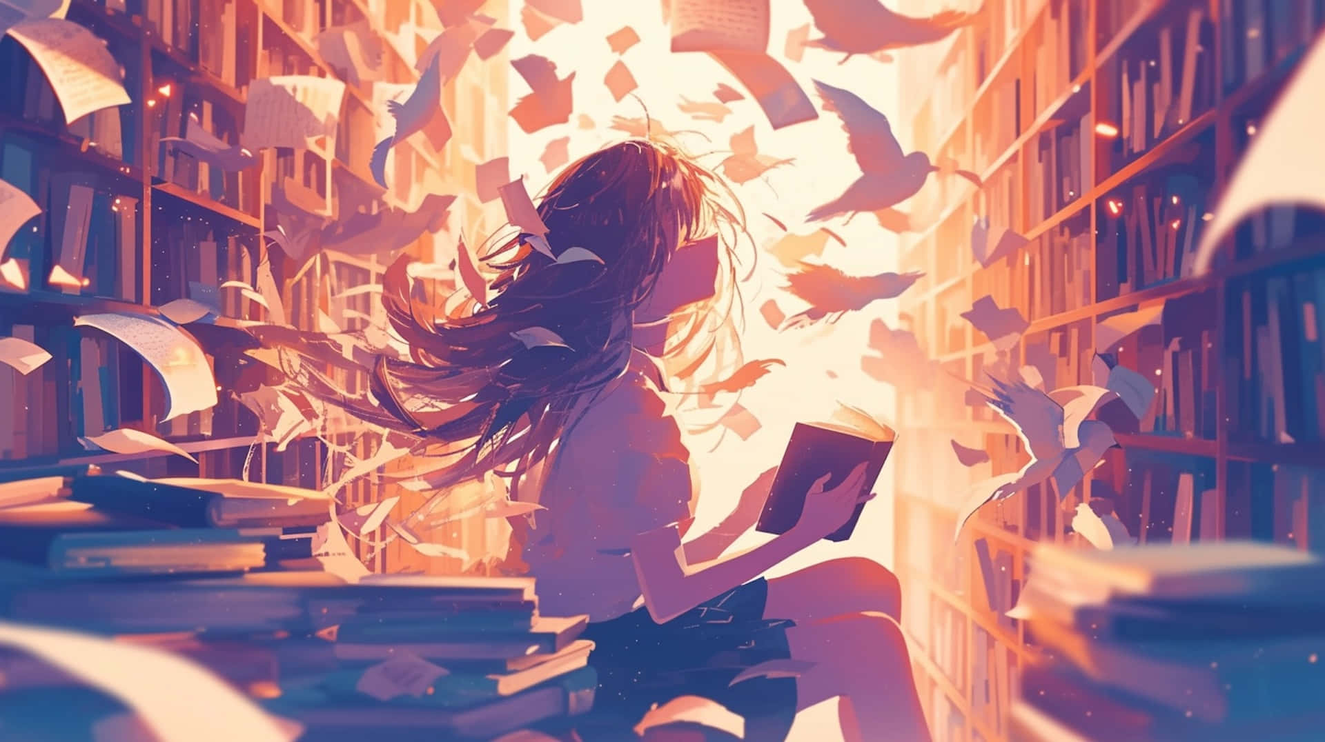 enchanted library, floating books, sunlit library aisle, Full HD Desktop Wallpaper