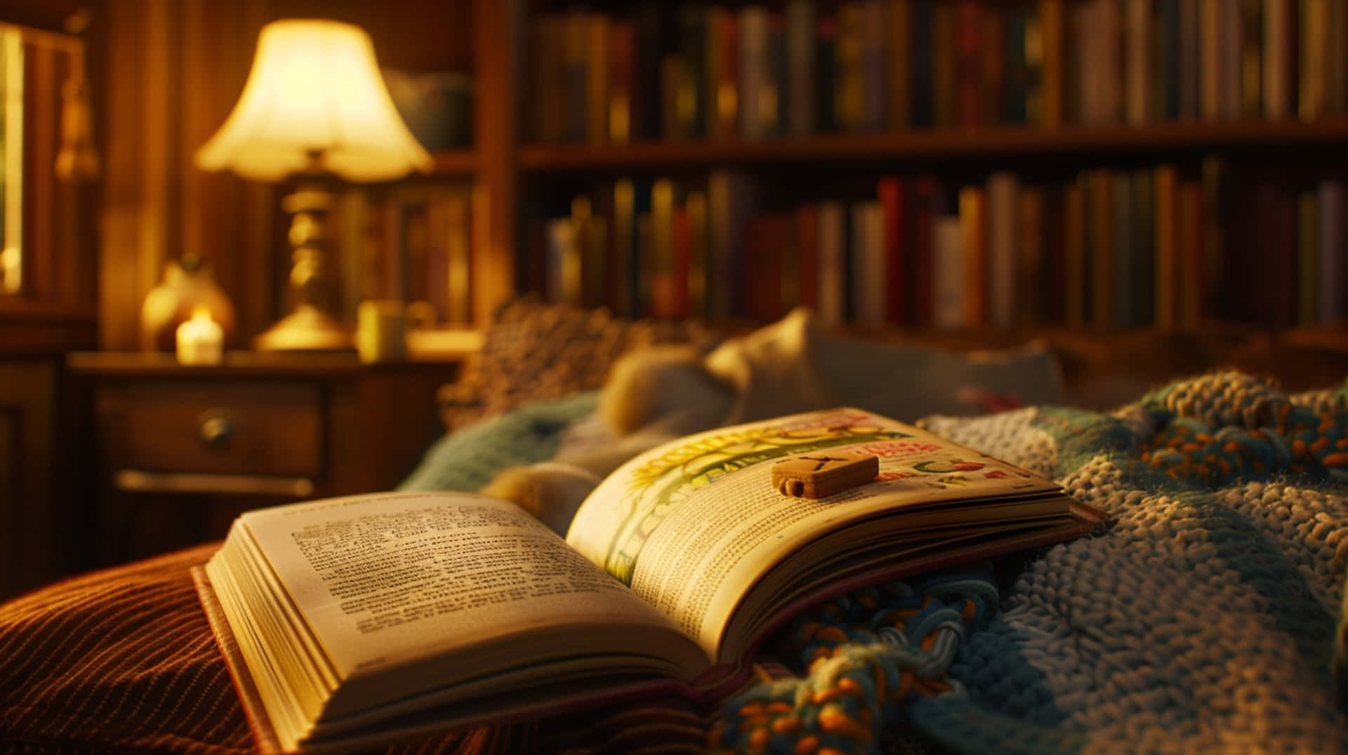 cozy reading nook, open book, textured blanket, Full HD Desktop Wallpaper