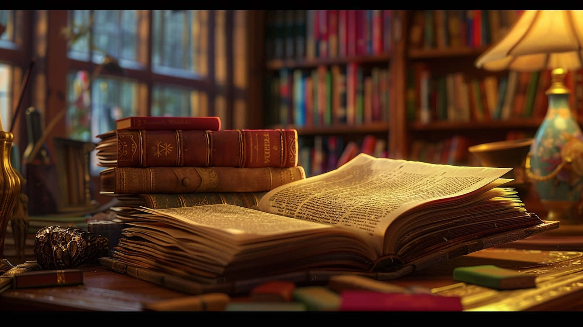 wooden desk, open book, leather volumes, Full HD Desktop Wallpaper