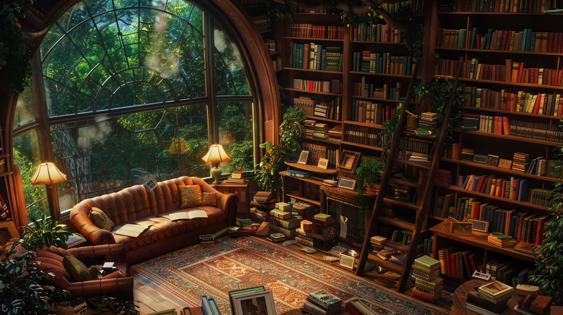sunlit library, leather sofa, bookshelves, Full HD Desktop Wallpaper