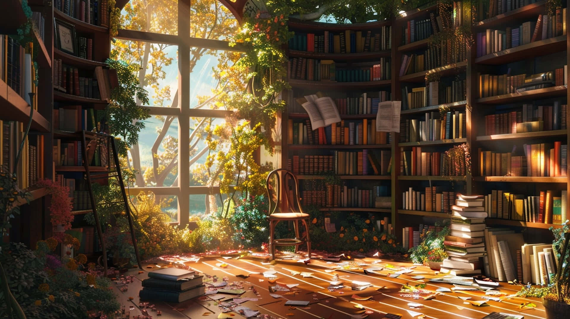 enchanted forest library, sunlight, cozy library, Full HD Desktop Wallpaper
