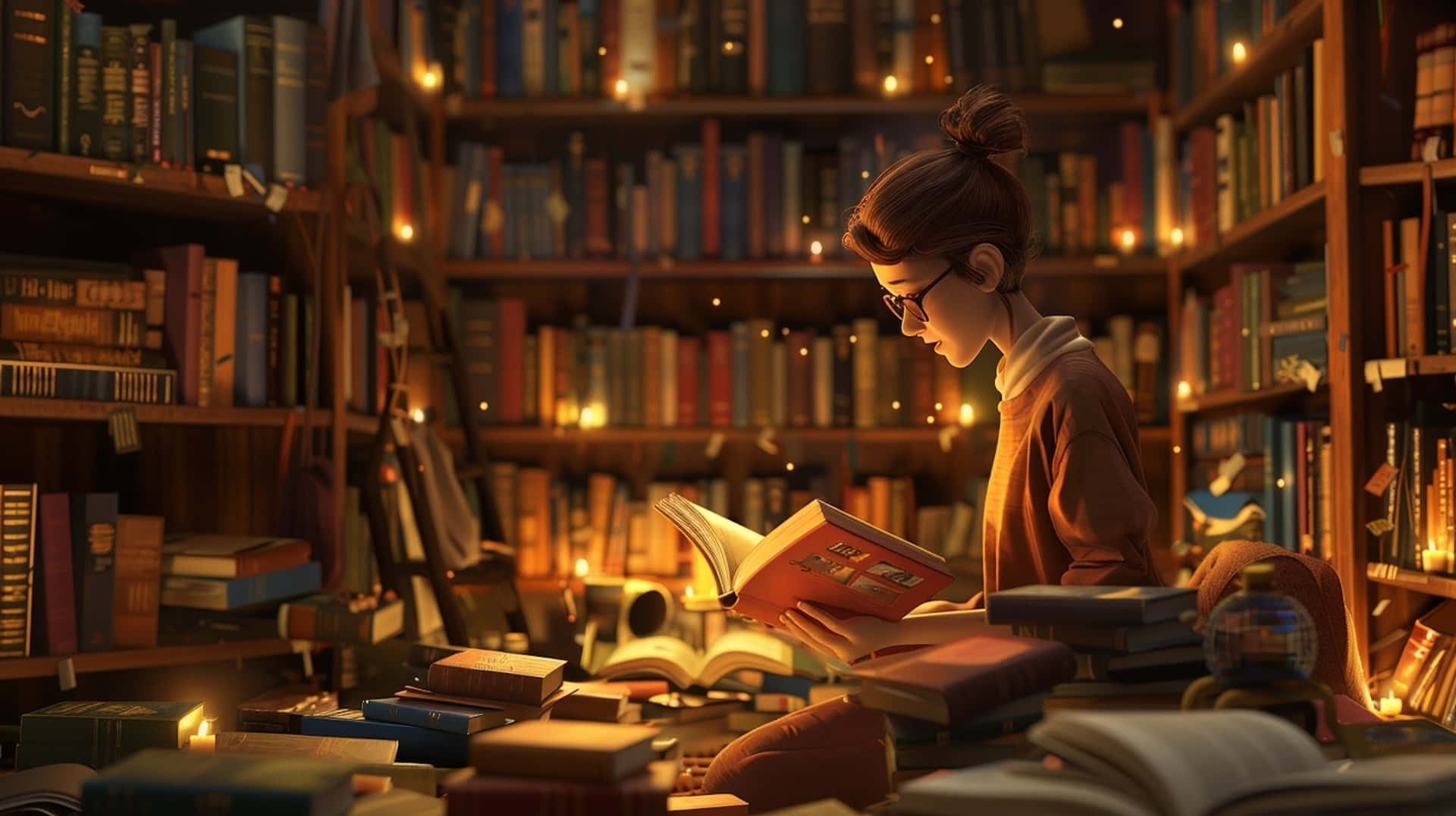 young woman with glasses, book, warmly lit library, Full HD Desktop Wallpaper
