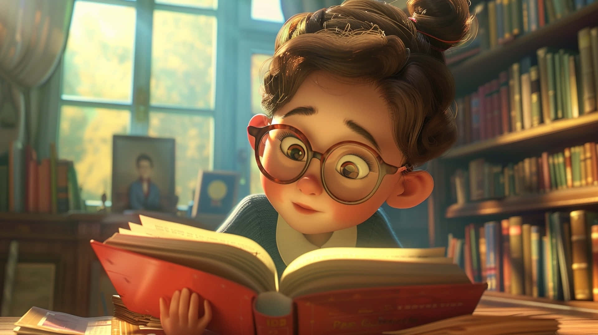 young girl with glasses, red book, sunlit library, Full HD Desktop Wallpaper