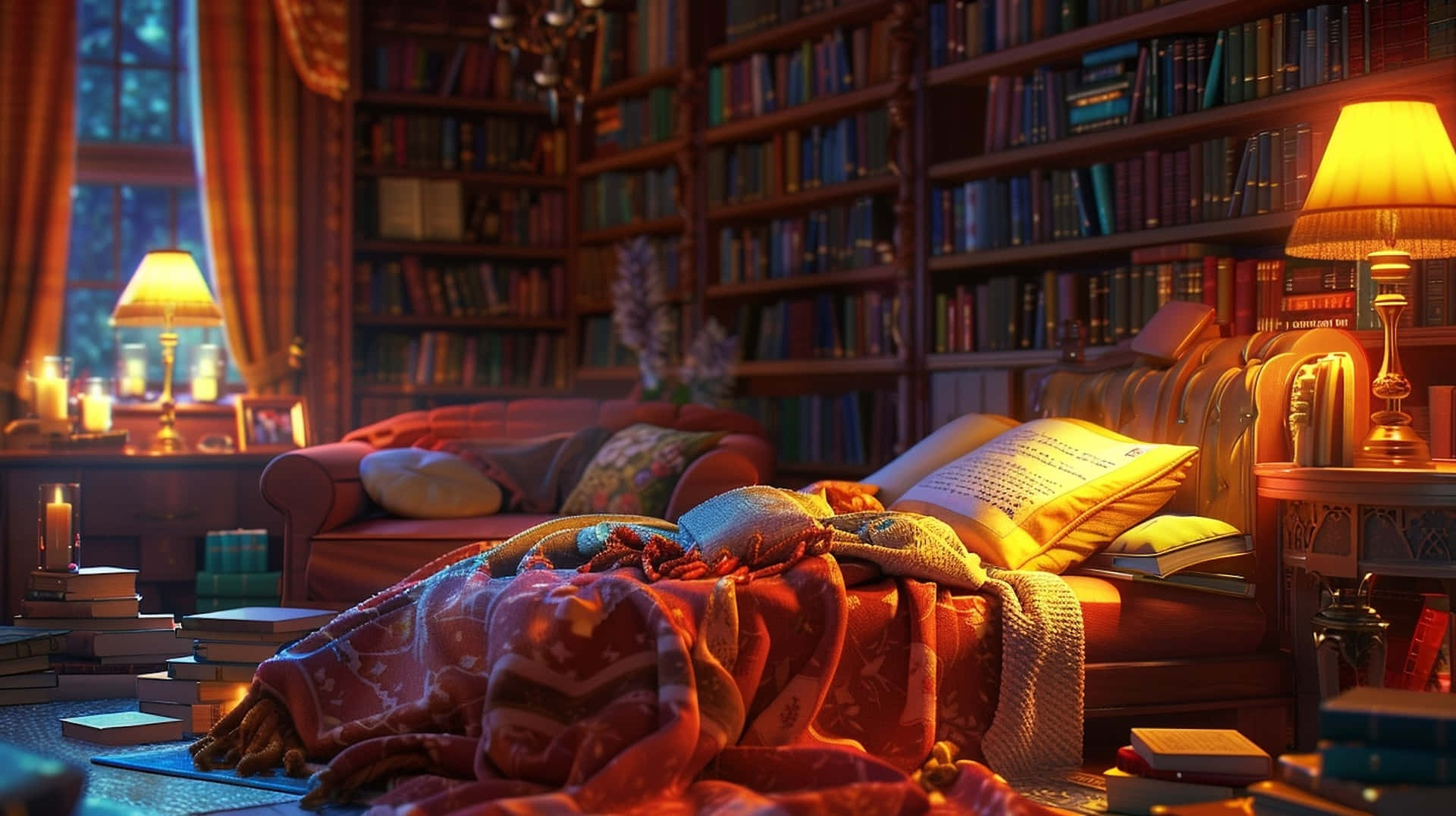 cozy reading nook, dusk, warm lamplight, Full HD Desktop Wallpaper