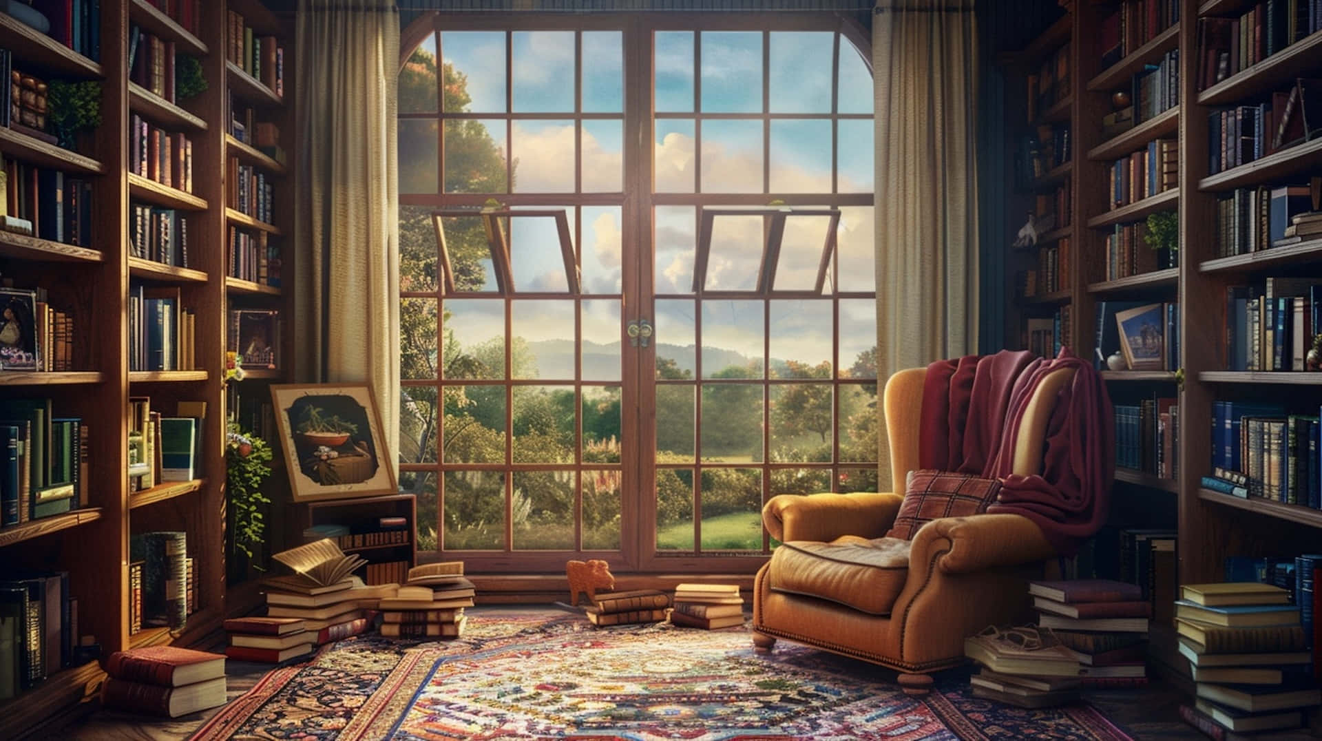 cozy reading nook, sunset, large window, Full HD Desktop Wallpaper