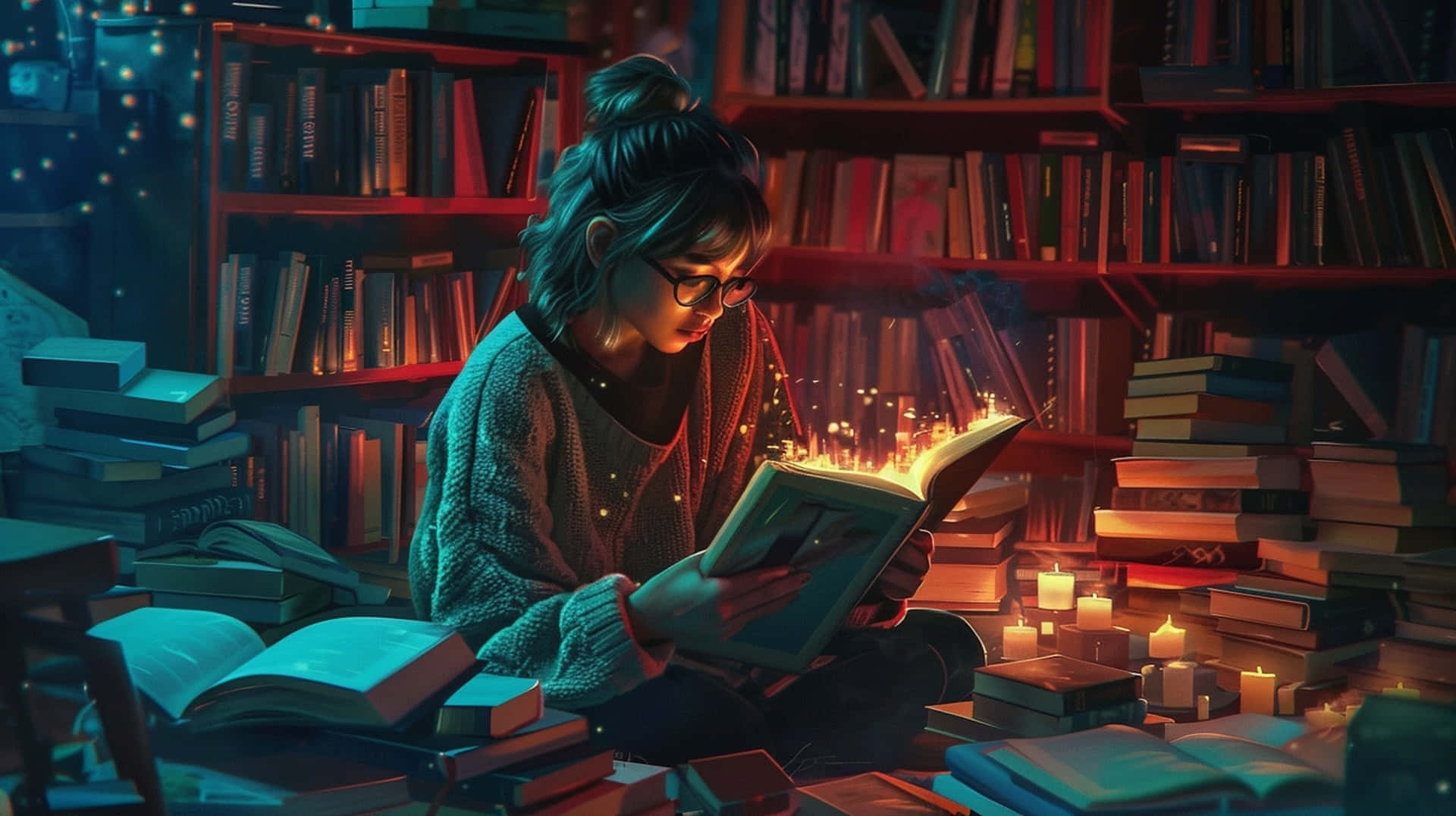 enchanted evening reading, glasses, glowing book, Full HD Desktop Wallpaper