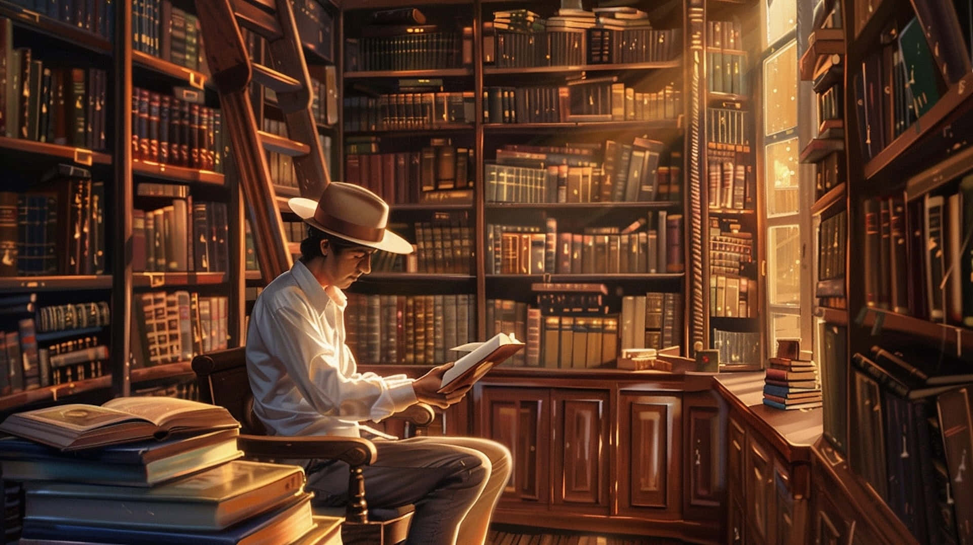Serene Reading Nook, sunlit library, towering wooden bookshelves, Full HD Desktop Wallpaper