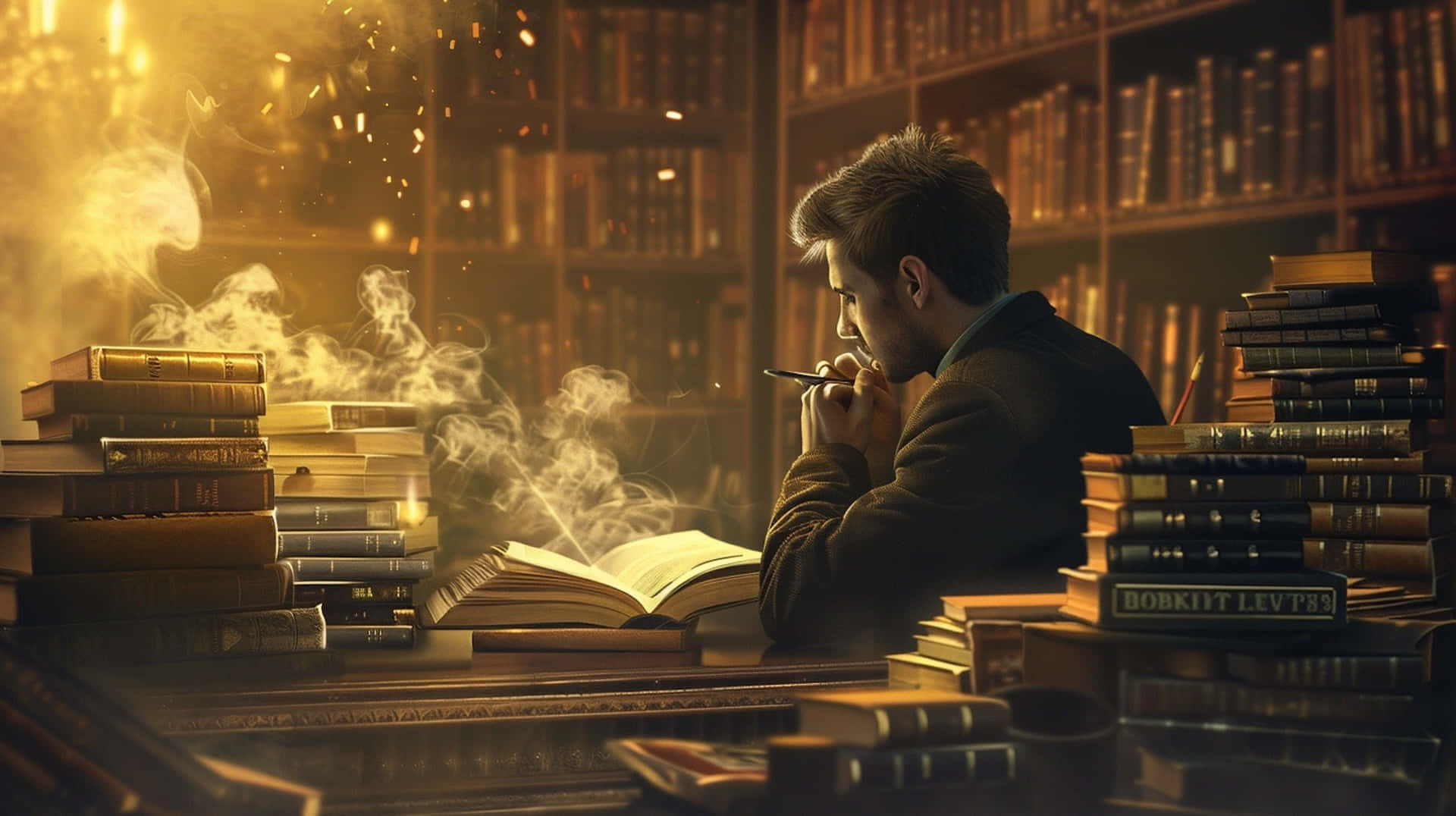 dimly lit library, towering bookshelves, stacks of old books, Full HD Desktop Wallpaper