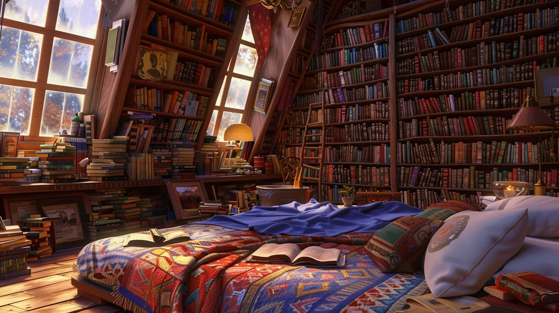 cozy attic bedroom, towering bookshelves, warm sunlight, Full HD Desktop Wallpaper