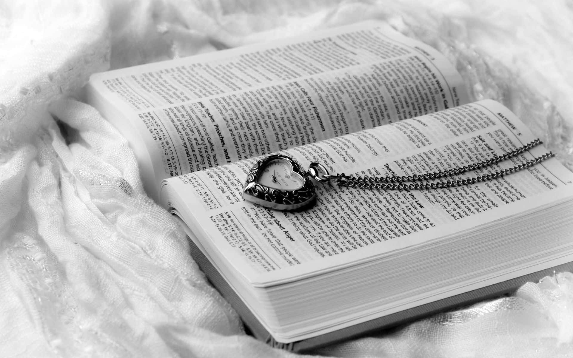black and white book, heart-shaped locket, open book, Full HD Desktop Wallpaper