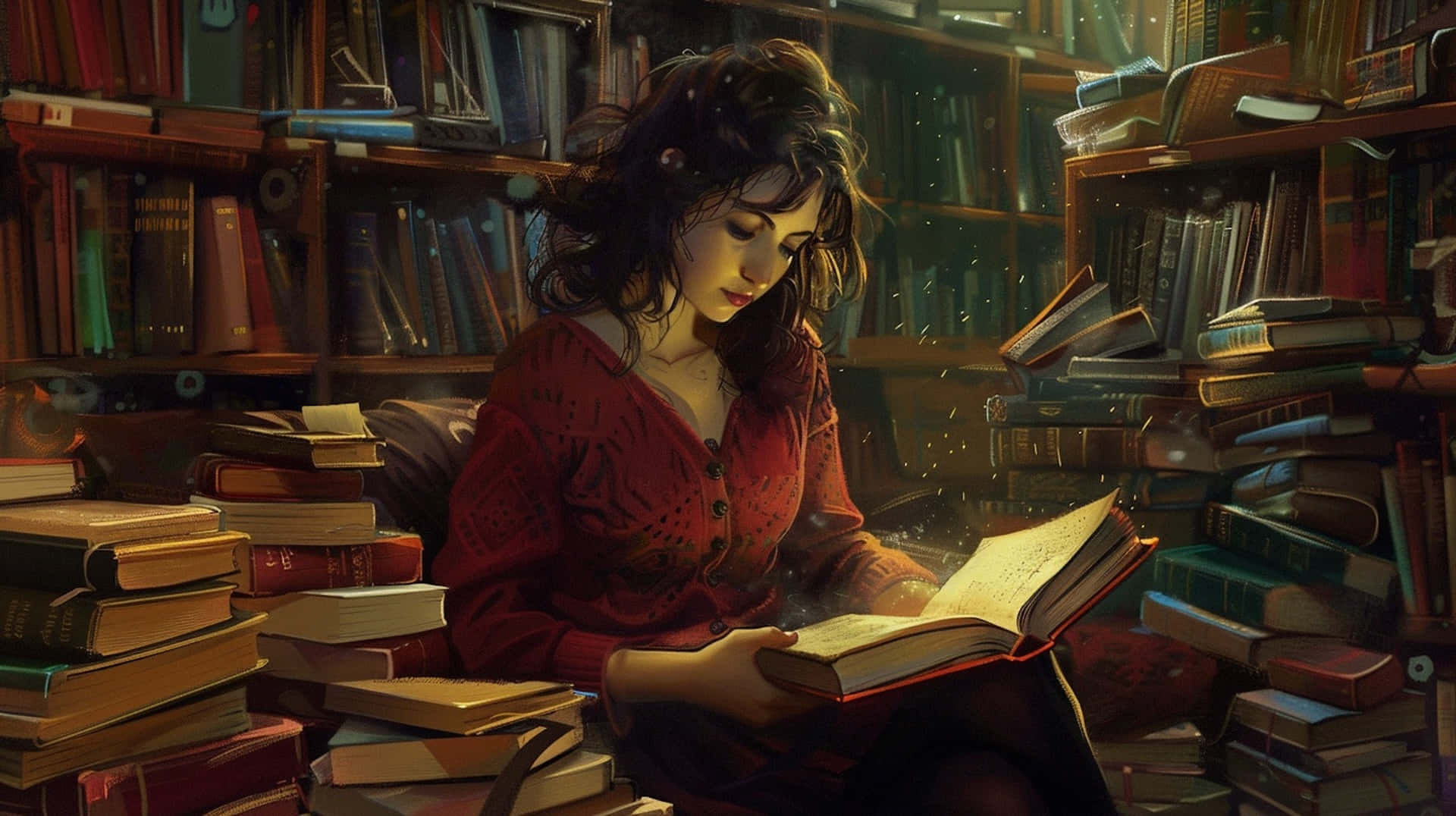 red sweater, glowing book, cozy library, Full HD Desktop Wallpaper