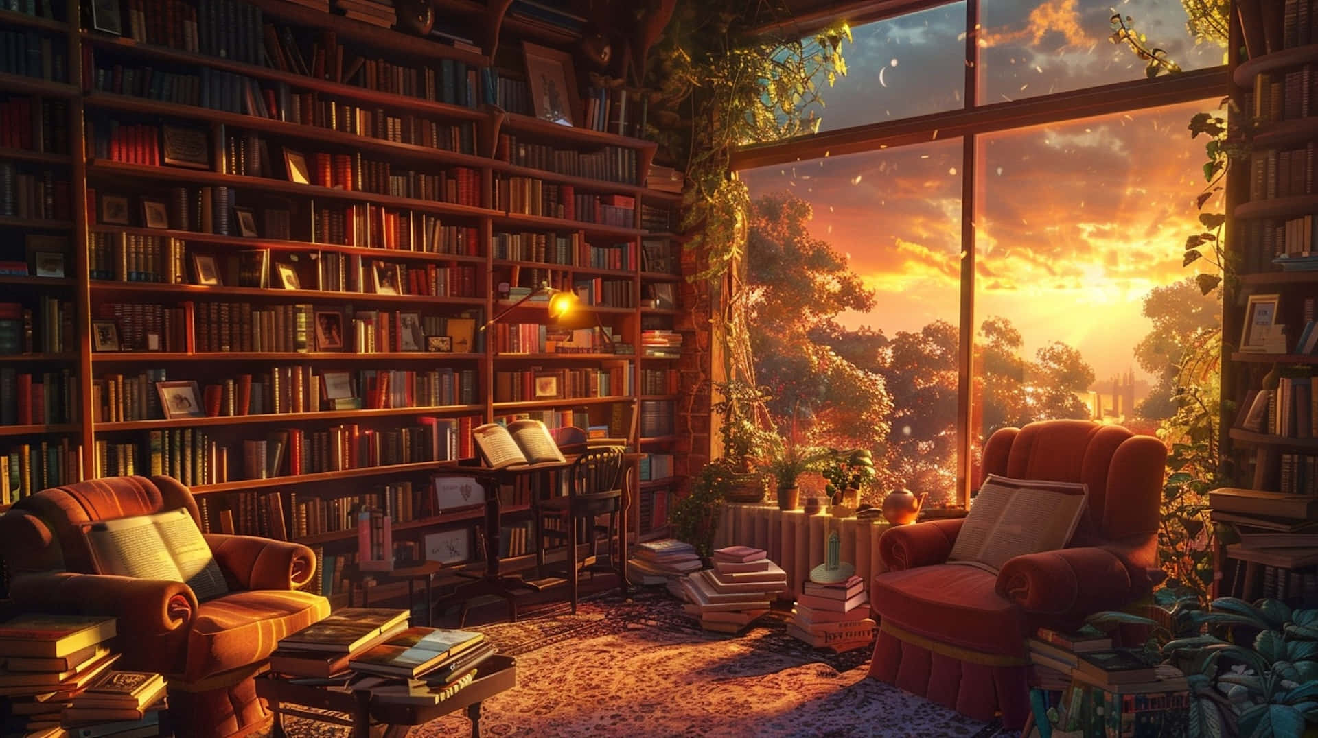 cozy home library, sunlit library, towering bookshelves, Full HD Desktop Wallpaper