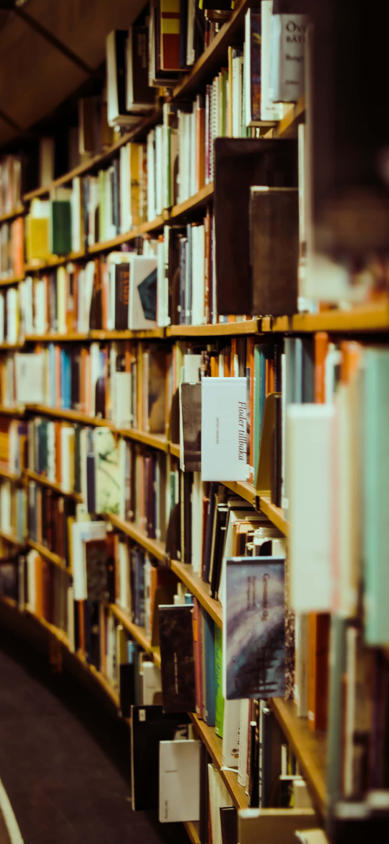 library aisle, tall wooden shelves, books, 2K Phone Wallpaper