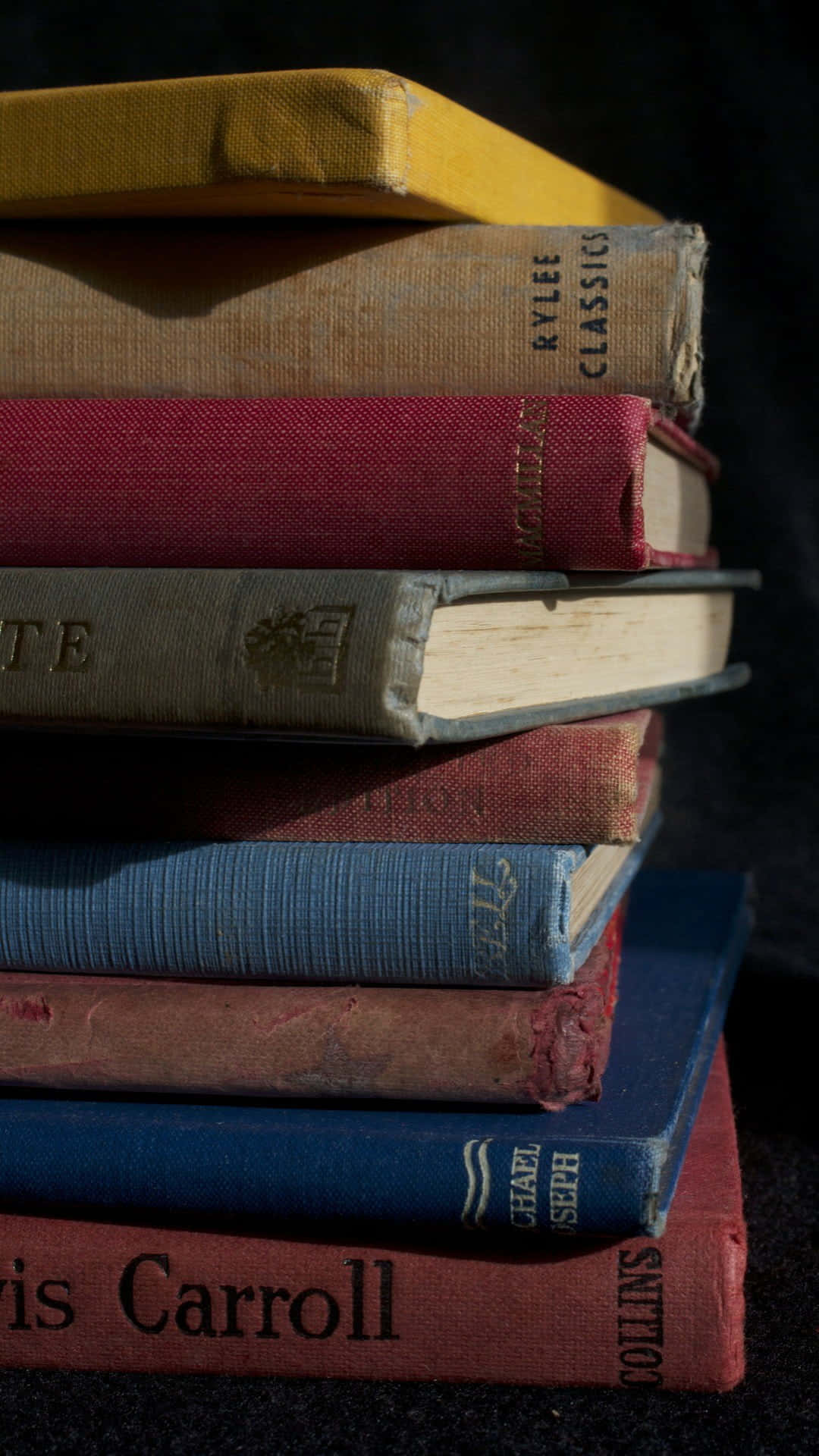 vintage hardcover books, worn spines, faded titles, Full HD Phone Wallpaper