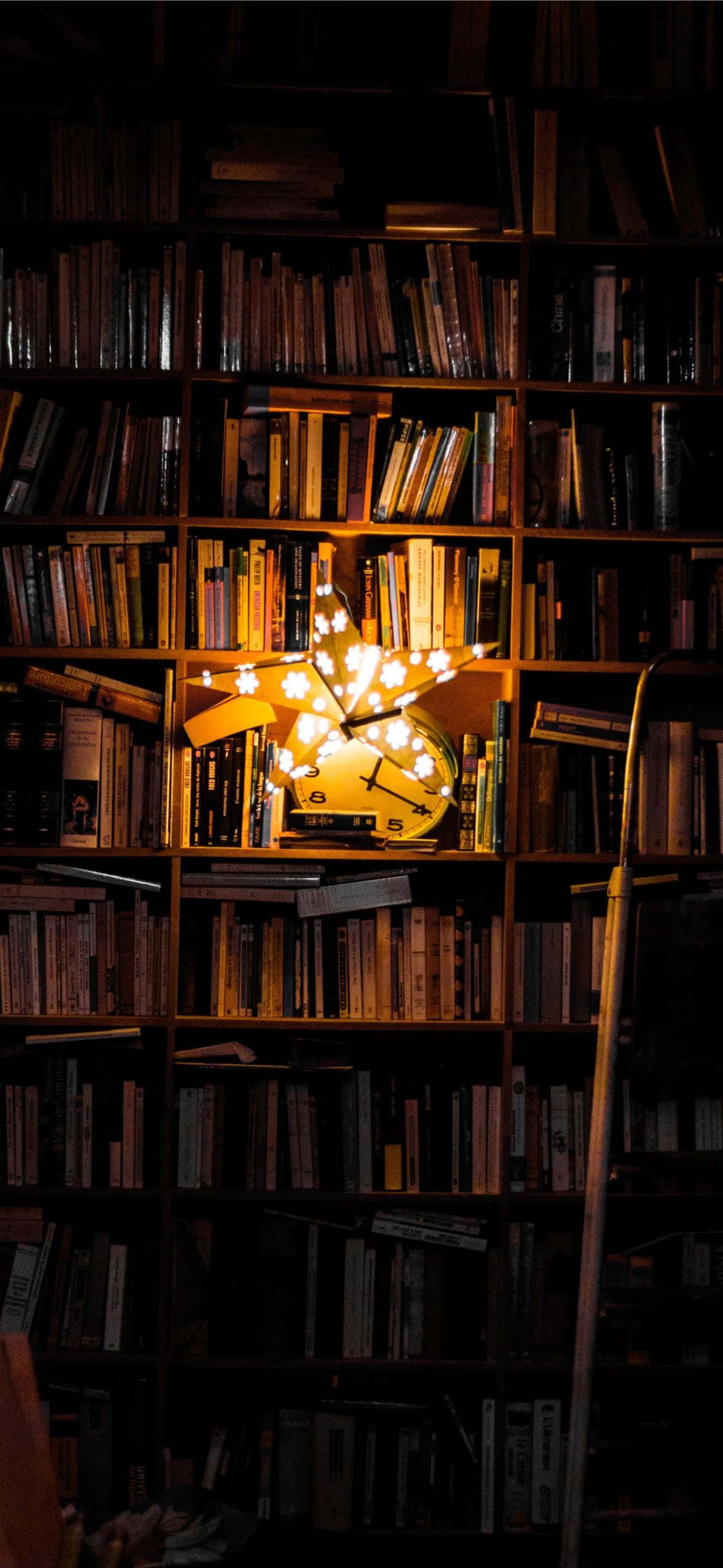 star-shaped lamp, clock face, dark bookshelf, Full HD Phone Wallpaper