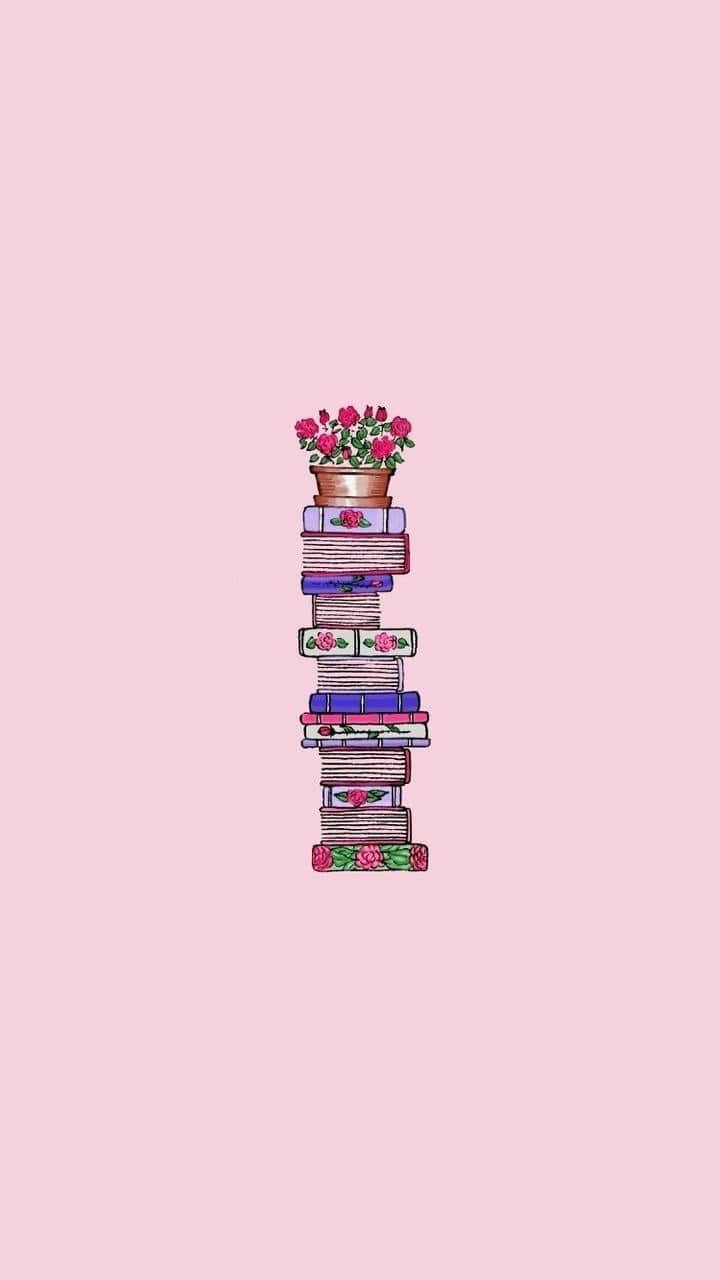iPhone, books, potted pink flower, HD Phone Wallpaper