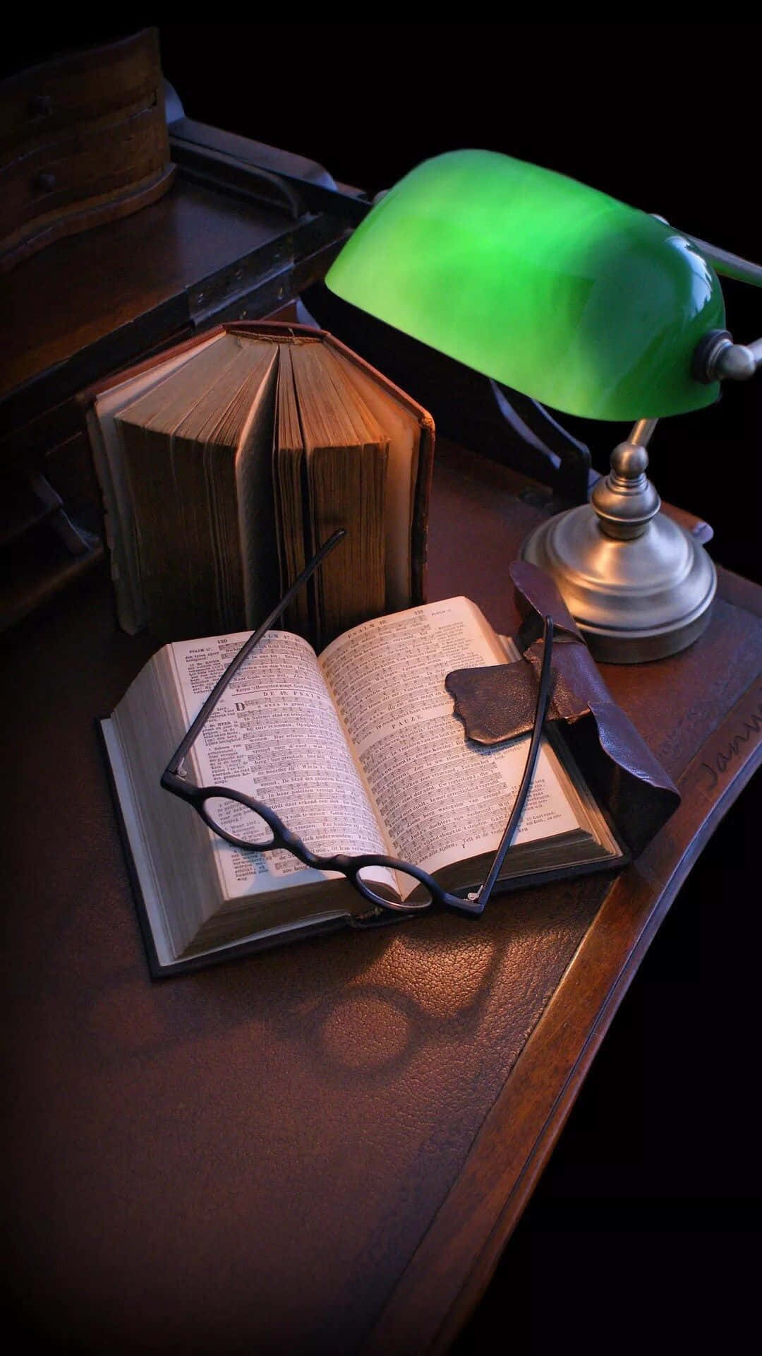 green lamp, wooden desk, open books, Full HD Phone Wallpaper