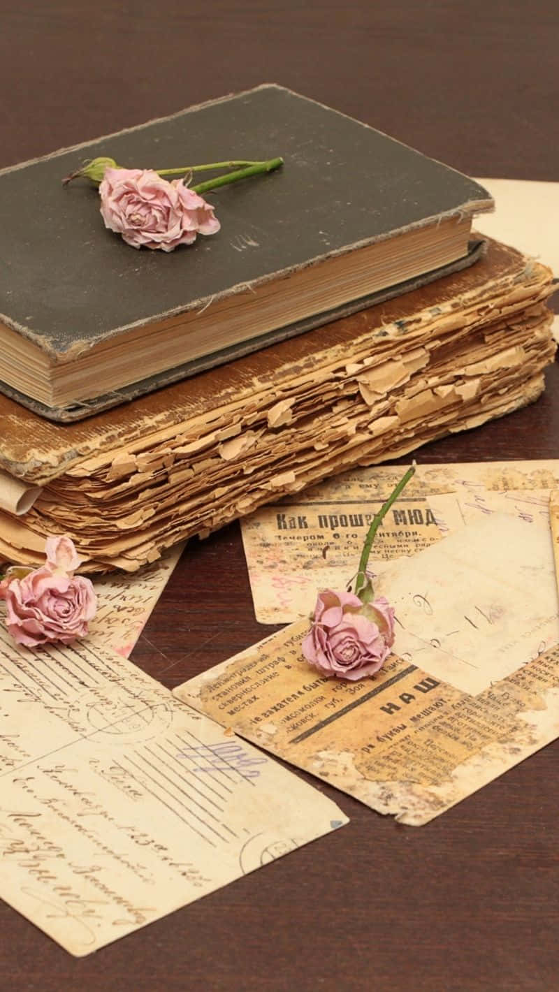 Books iPhone, Pink Rose, Old Papers, HD Phone Wallpaper
