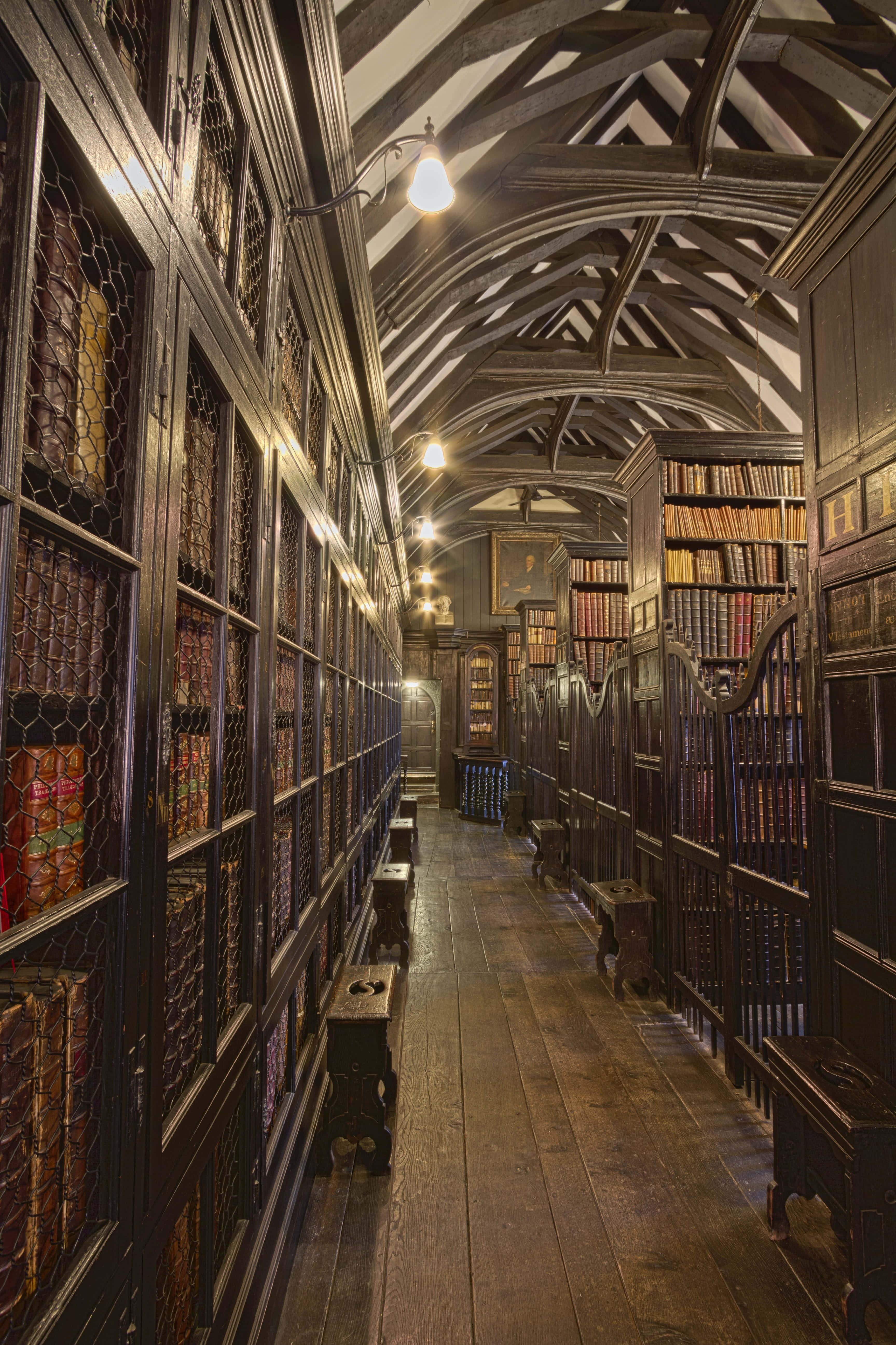 Ebook Reader of The Future, dark wood bookshelves, vaulted timber ceiling, 5K Phone Wallpaper