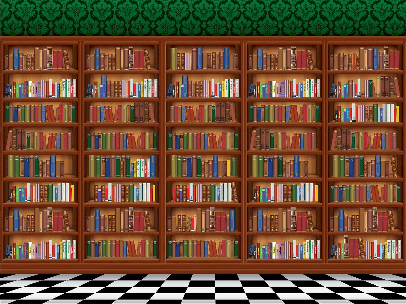 Cartoon Illustrated Library Bookshelf, green damask wallpaper, black-and-white checkered floor, HD Desktop Wallpaper