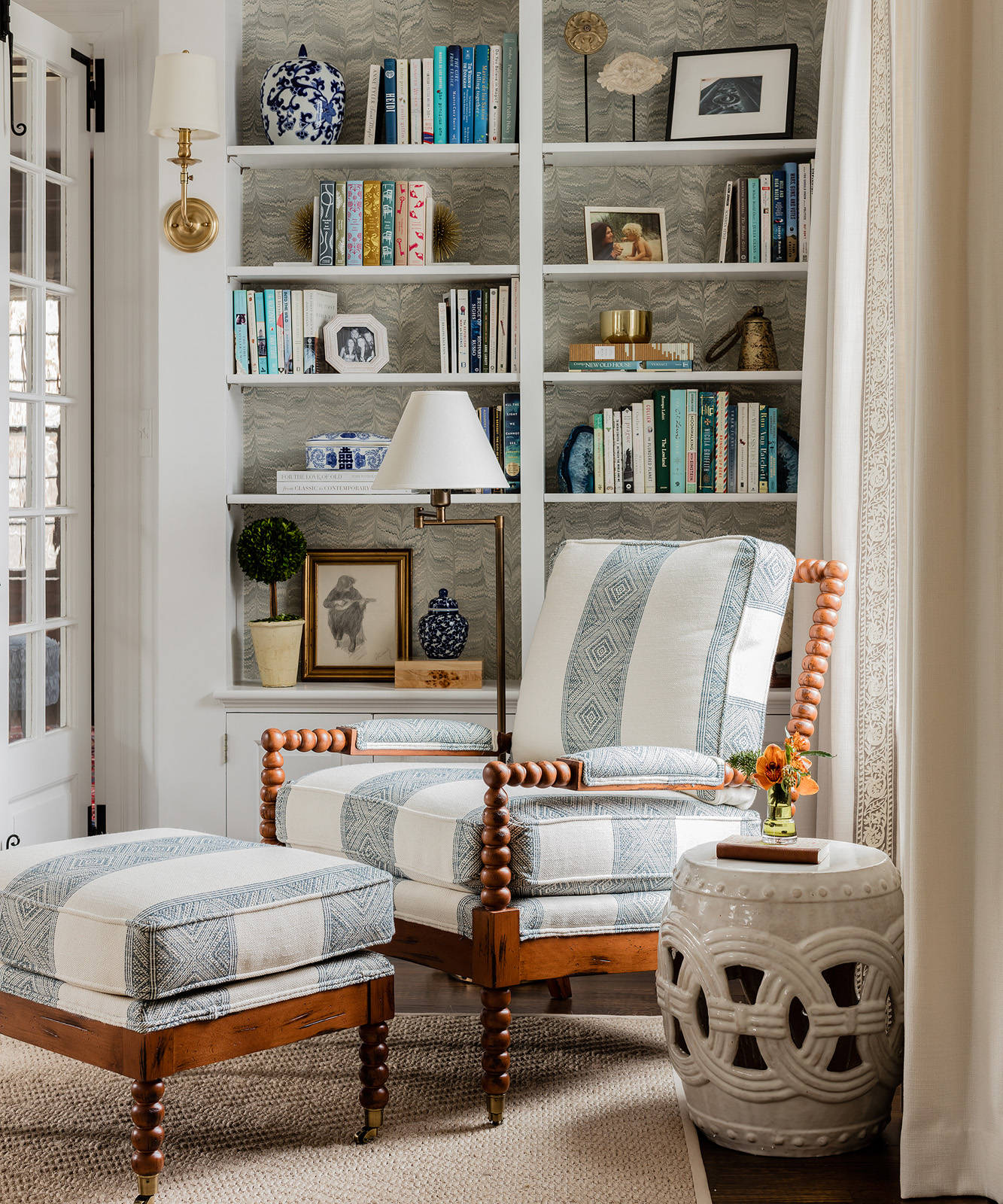 striped armchair, ottoman, white bookshelf, HD Phone Wallpaper