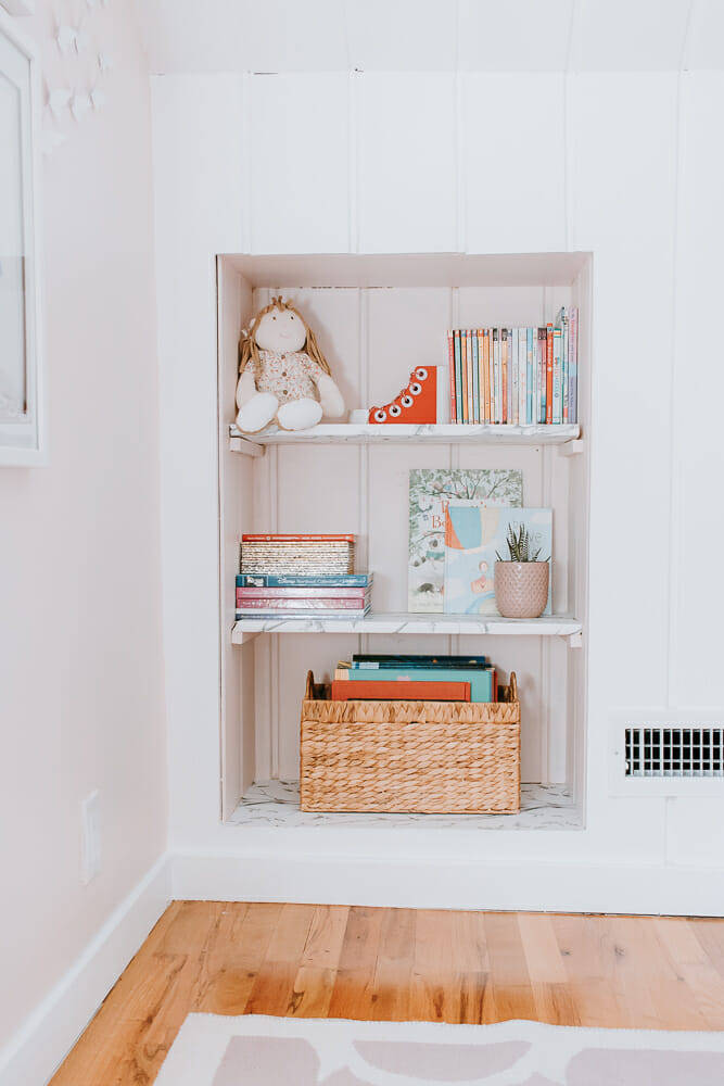 white room bookshelf, soft pink room, marble shelves, SD Phone Wallpaper