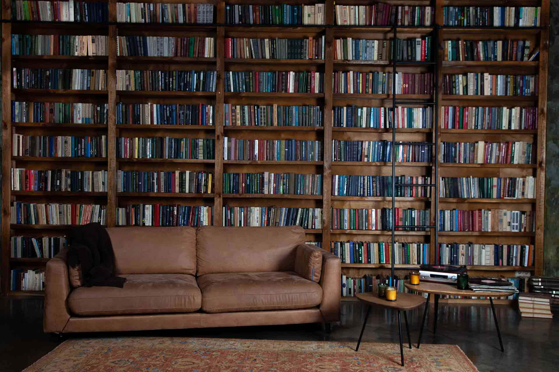 brown leather sofa, towering wooden bookshelves, colorful books, Full HD Desktop Wallpaper
