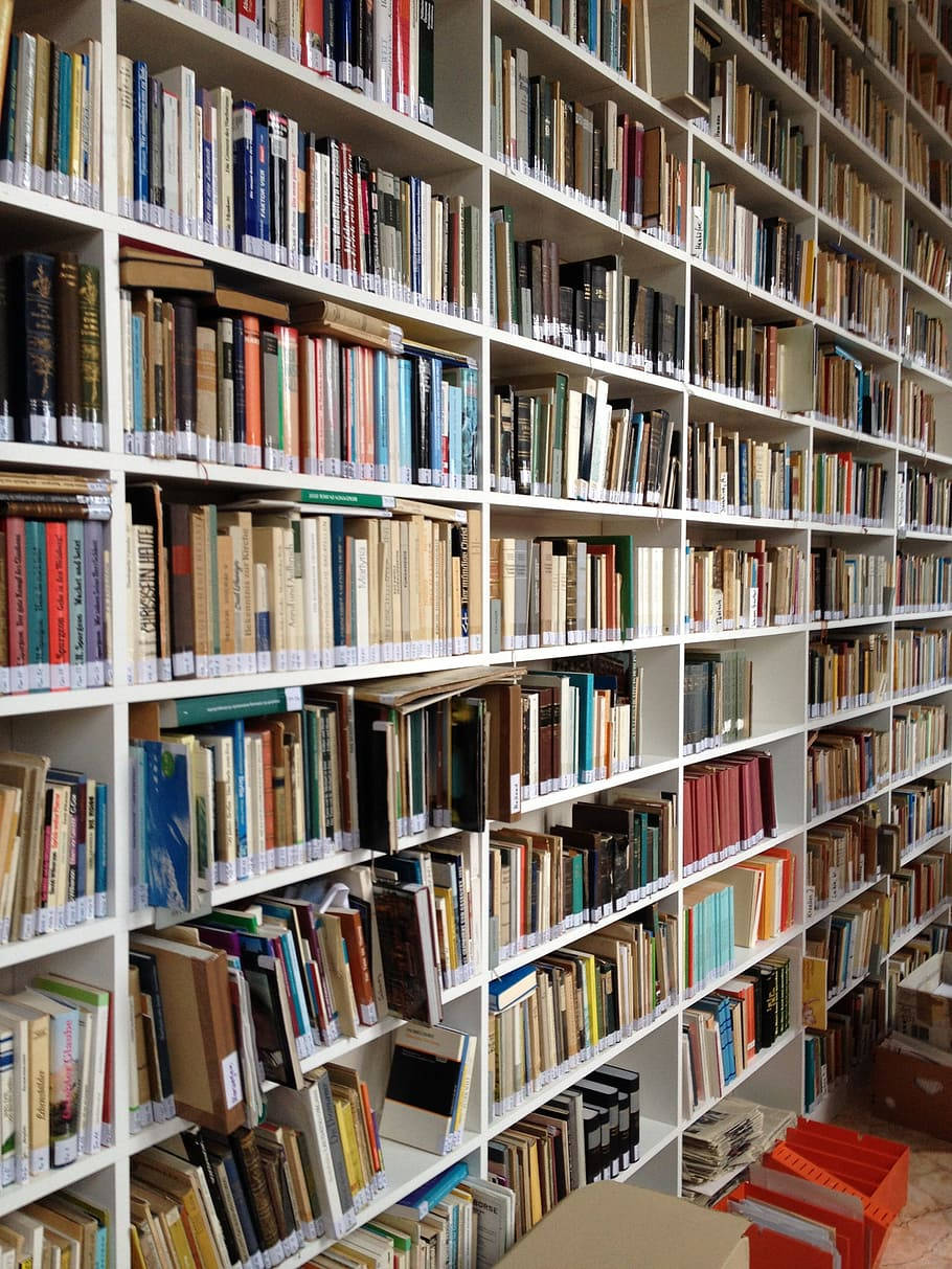 white bookshelves, colorful books, quiet library, SD Phone Wallpaper