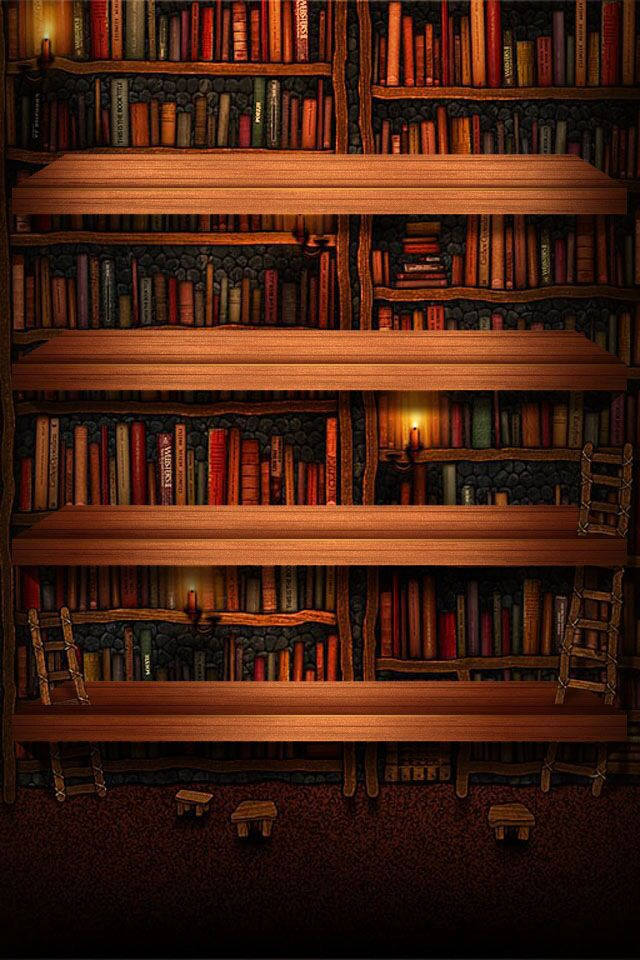 Bookshelf, three lit candles, wooden library, SD Phone Wallpaper