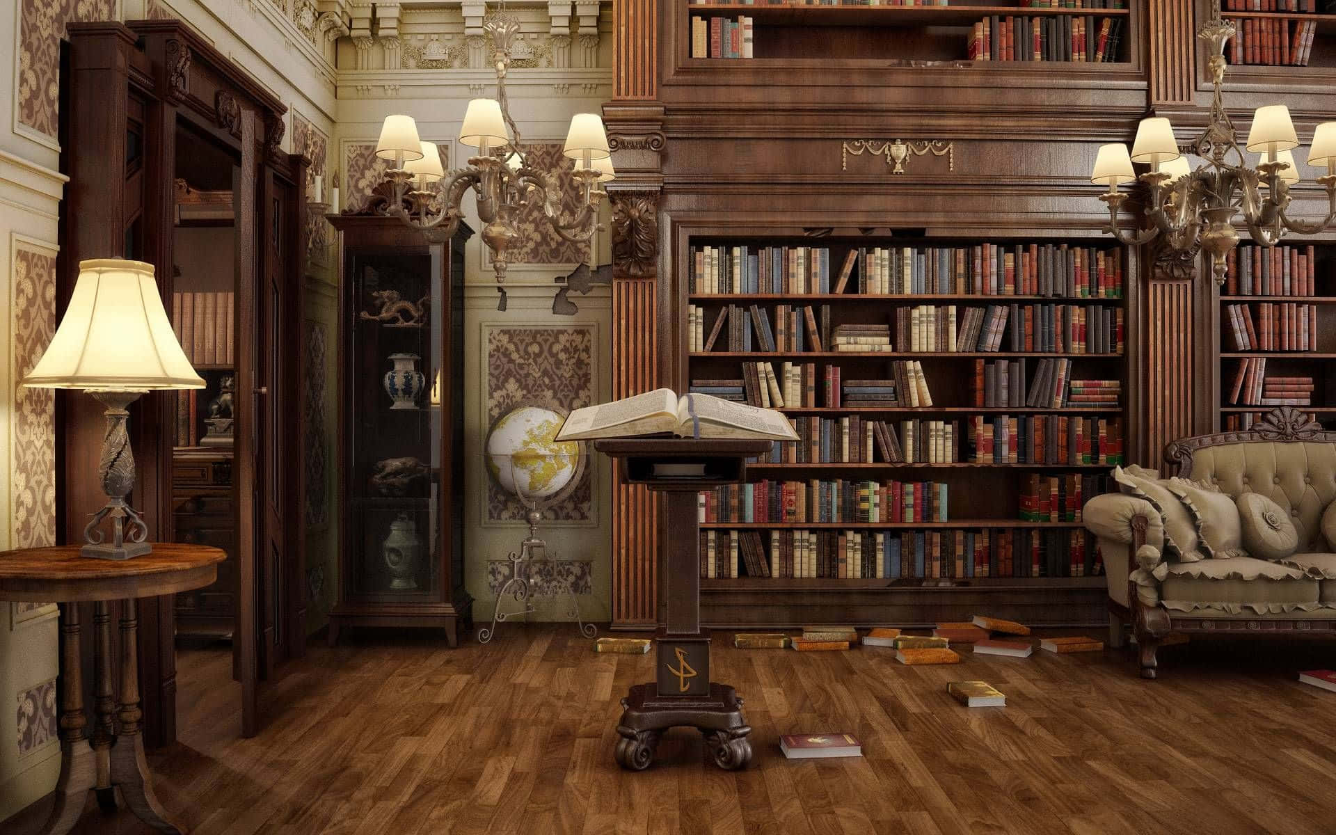 Home Library Bookcase Lamp, dark wood bookshelves, ornate chandeliers, Full HD Desktop Wallpaper
