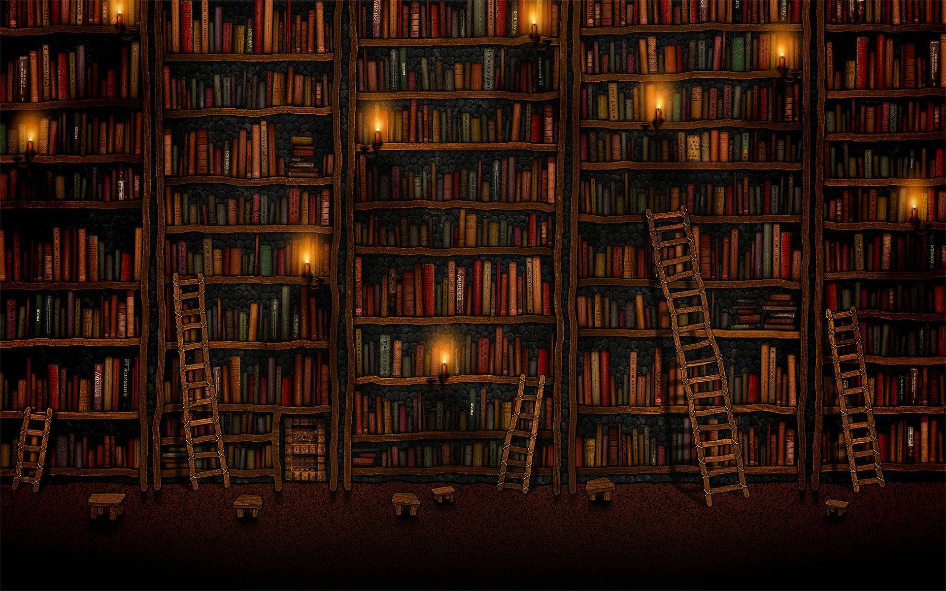 spooky library, wooden bookshelves, books, Full HD Desktop Wallpaper